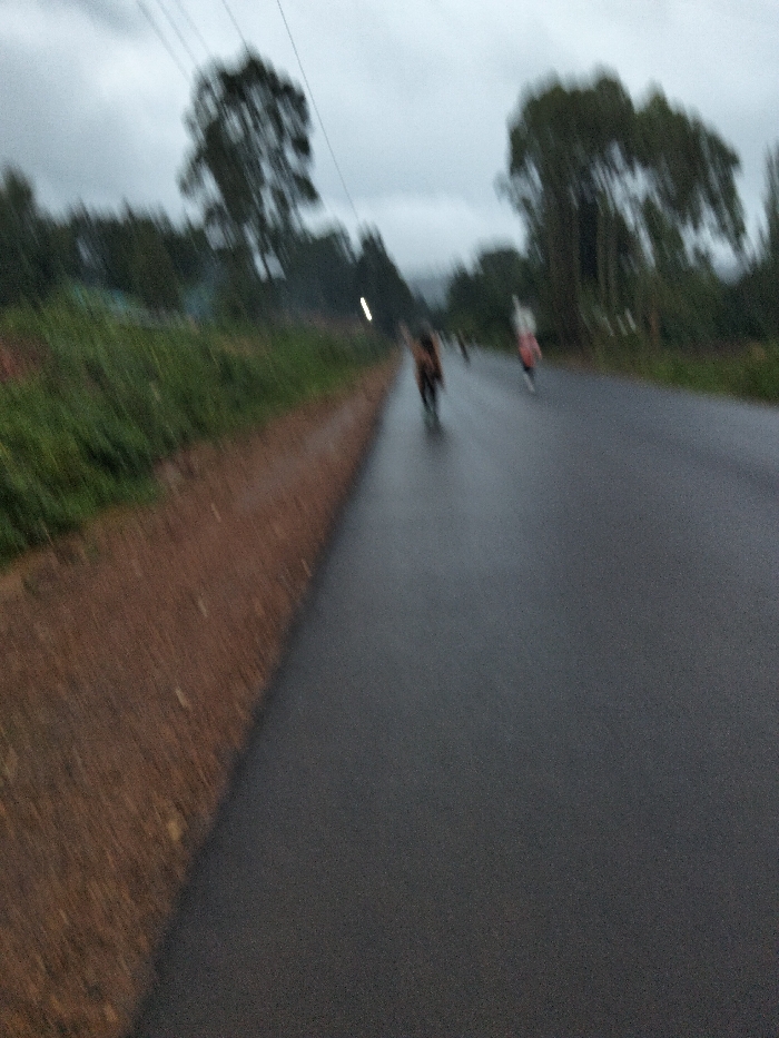 The image depicts an outdoor scene in Nyansiongo ward, Kenya, featuring a paved, dark gray road extending into the distance under an overcast, gray sky. To the left of the road, a reddish-brown dirt embankment rises, topped with green grass and foliage. Faint utility lines are visible across the upper left sky. At least two human figures are present on the road, exhibiting significant motion blur. One individual, appearing in dark attire, is positioned in the mid-ground, centered, moving away from the viewer. A second individual, wearing lighter clothing with a reddish element, is further down the road to the right. A single, bright, vertical light source is visible on the left side of the road in the mid-distance. The background consists of blurred trees and distant hills. The overall lighting is dim, indicative of twilight or heavily overcast daytime conditions.
