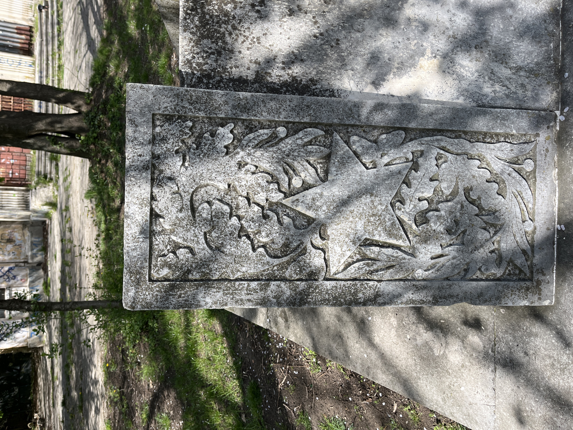 The image displays a weathered, rectangular stone panel featuring a prominent bas-relief carving. The central element of the carving is a five-pointed star, encircled by an intricate design of stylized foliage, possibly laurel or oak branches, complete with berries or fruits. The stone exhibits signs of age, with its surface and carved recesses darkened by dirt and lichen growth.
This carved panel is set into or rests upon a larger, equally weathered concrete or stone structure, suggesting it is part of a monument, wall, or bench. The larger structure also bears visible marks of exposure to the elements.
In the background, an outdoor scene unfolds under bright daylight, indicated by sharp shadows cast by unseen trees across the ground and parts of the stone. The ground beneath consists of green grass, patches of bare earth, and scattered light-colored petals. A paved path or walkway traverses the area, bordered by trees with visible trunks and developing foliage. Further in the distance, partially obscured by the trees, are some worn structures, possibly old buildings or fences, showing hints of graffiti.
No specific activity is depicted in the static scene. The five-pointed star motif, particularly in the context of Sofia, Bulgaria, suggests a monument or architectural detail dating back to the country's socialist period. There is no visible text on the carved panel or its immediate surroundings.