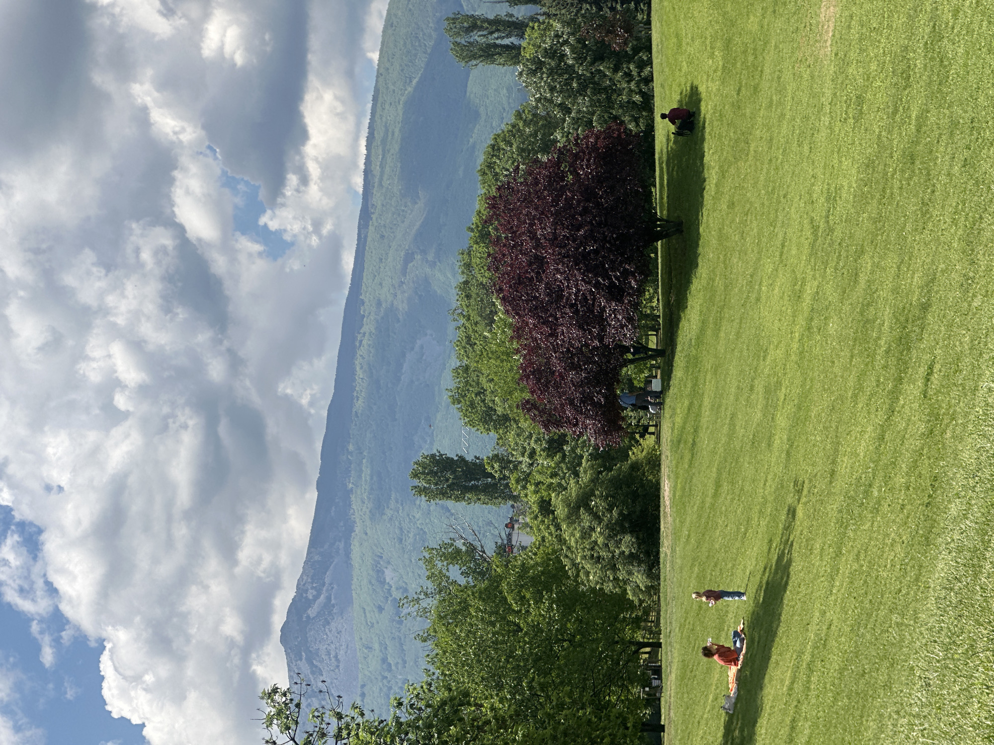 The image shows a landscape in Sofia, Bulgaria, featuring a grassy field, trees, a mountain, and cloudy skies. In the foreground, there are people enjoying the park: two people are sitting on the grass, one person is standing. In the middle ground, there are trees of varying shades of green and a tree with burgundy leaves. In the background, a mountain range ascends into the sky. The sky is filled with white and gray clouds, with patches of blue sky visible. The image appears to be taken during daylight hours.