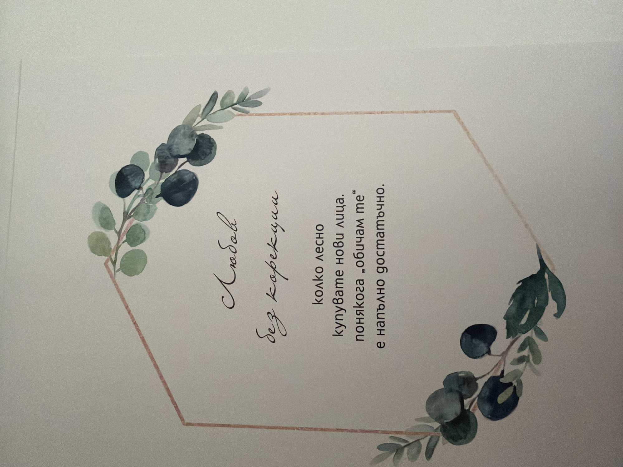 The image shows a card with a floral design and text. The text is in Bulgarian and reads "Любов без корекции. Колко лесно купувате нови лица, понякога „обичам те“ е напълно достатъчно." This translates to "Love without corrections. How easily you buy new faces, sometimes 'I love you' is completely enough." The card is decorated with watercolor illustrations of eucalyptus leaves and berries, framing the text within a light pink geometric shape. The background is a plain off-white. There is no information in the image that would allow for the identification of a specific location in Pazardzhik, Bulgaria.
