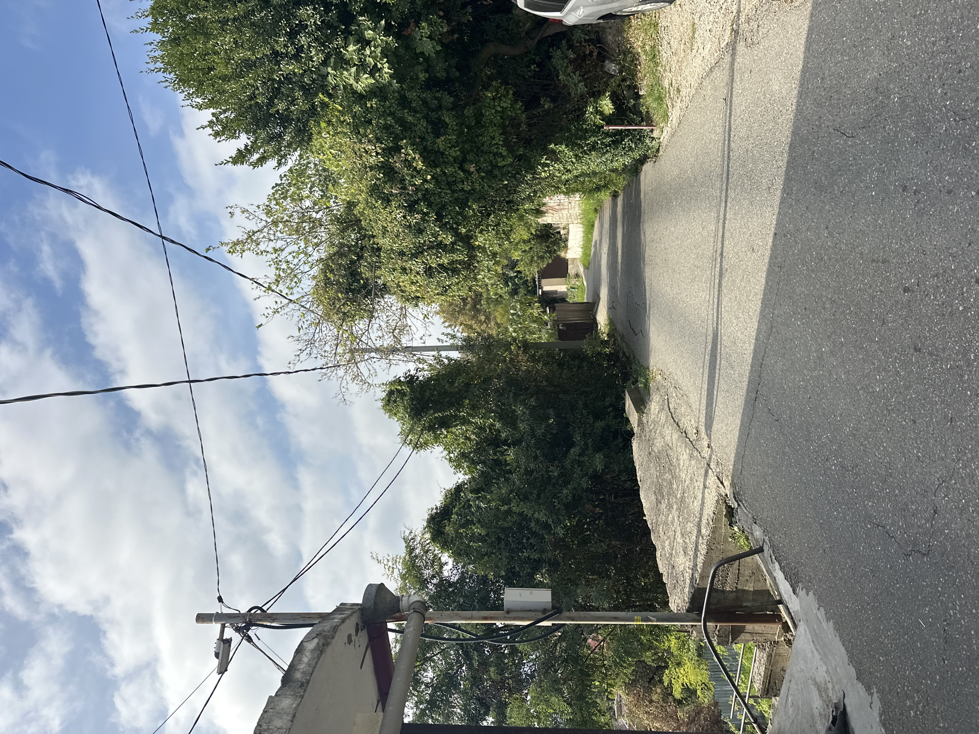 The image shows a paved road in a hilly, tree-lined residential area. The road curves slightly to the right and disappears into the distance. On the left side of the road, there is a concrete structure with a metal railing and a utility pole with electrical wires. On the right side, dense green trees and bushes line the road, with a silver SUV partially visible at the far right edge of the frame. The sky is partly cloudy with blue patches. The scene appears to be a quiet, suburban street. This location is in the city of Sochi, Russia, specifically in the Lazarevsky District, on a street named "Ulitsa Kolyubakina."