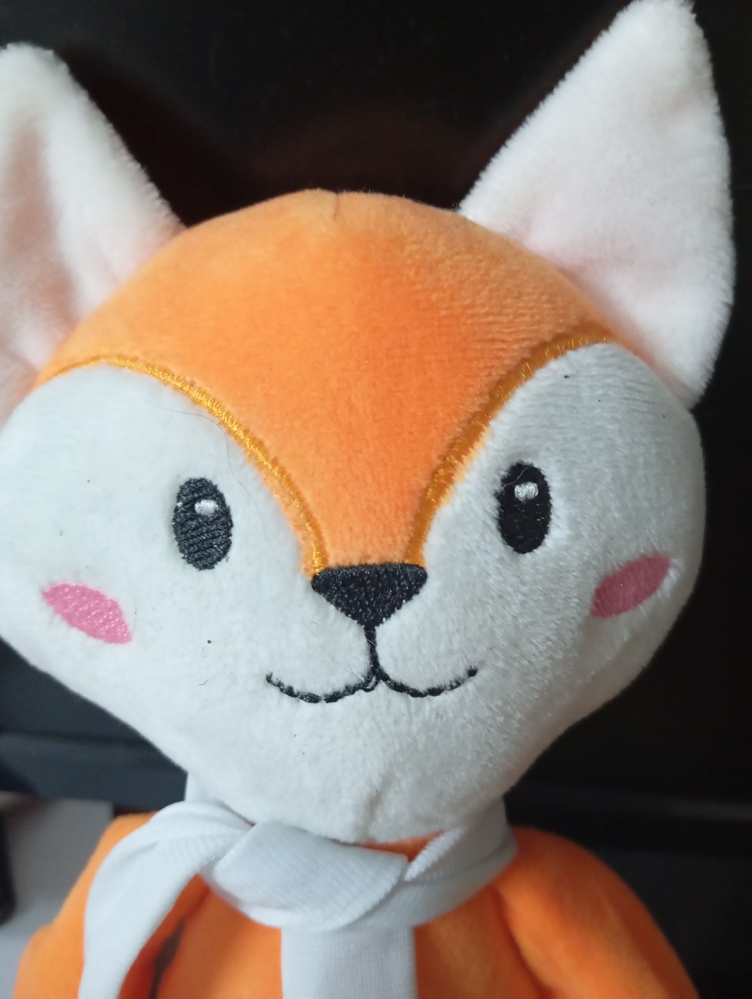 The image is a close-up shot of a plush toy fox. The fox has orange fur on its head and ears, with white fur on its face and belly. It has black embroidered eyes and nose, and pink embroidered cheeks. A white scarf is tied around its neck. The toy is positioned against a dark, out-of-focus background. There is no information in the image to suggest a location in Orenburg, Russia.