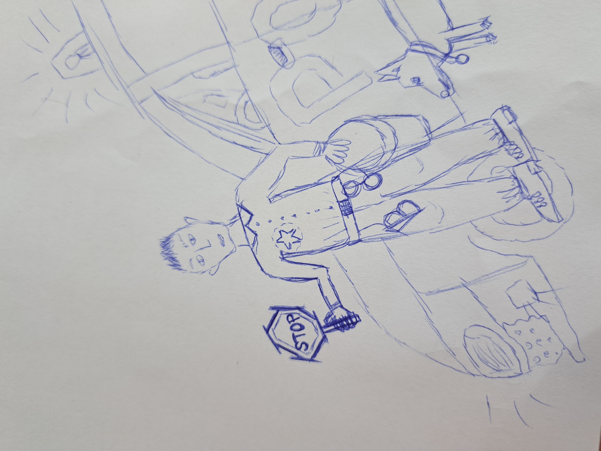 The image depicts a drawing of a police officer standing in front of a car holding a stop sign. The officer is wearing a uniform with a badge and has a visible gun. The car appears to be a police vehicle with flashing lights on top. The location is unspecified, city Unknown, Unknown.