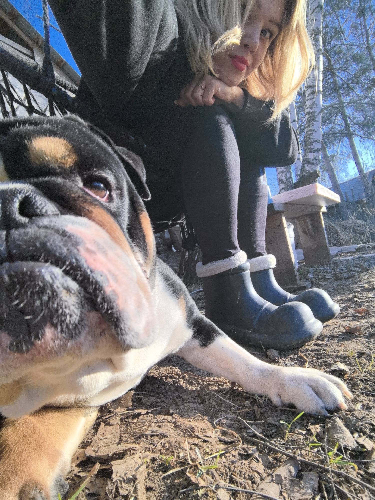 The image shows a woman and a bulldog outdoors. The woman has blonde hair and red lipstick, she is wearing black leggings, a black hoodie, and black rubber boots with fur trim. She sits on a wooden surface, resting her chin on her hand. A bulldog is in the foreground, its head close to the camera. The dog is black, tan, and white. The ground is dirt with small plants. In the background, there are birch trees and a blue sky. The location is Noviy, Russia.