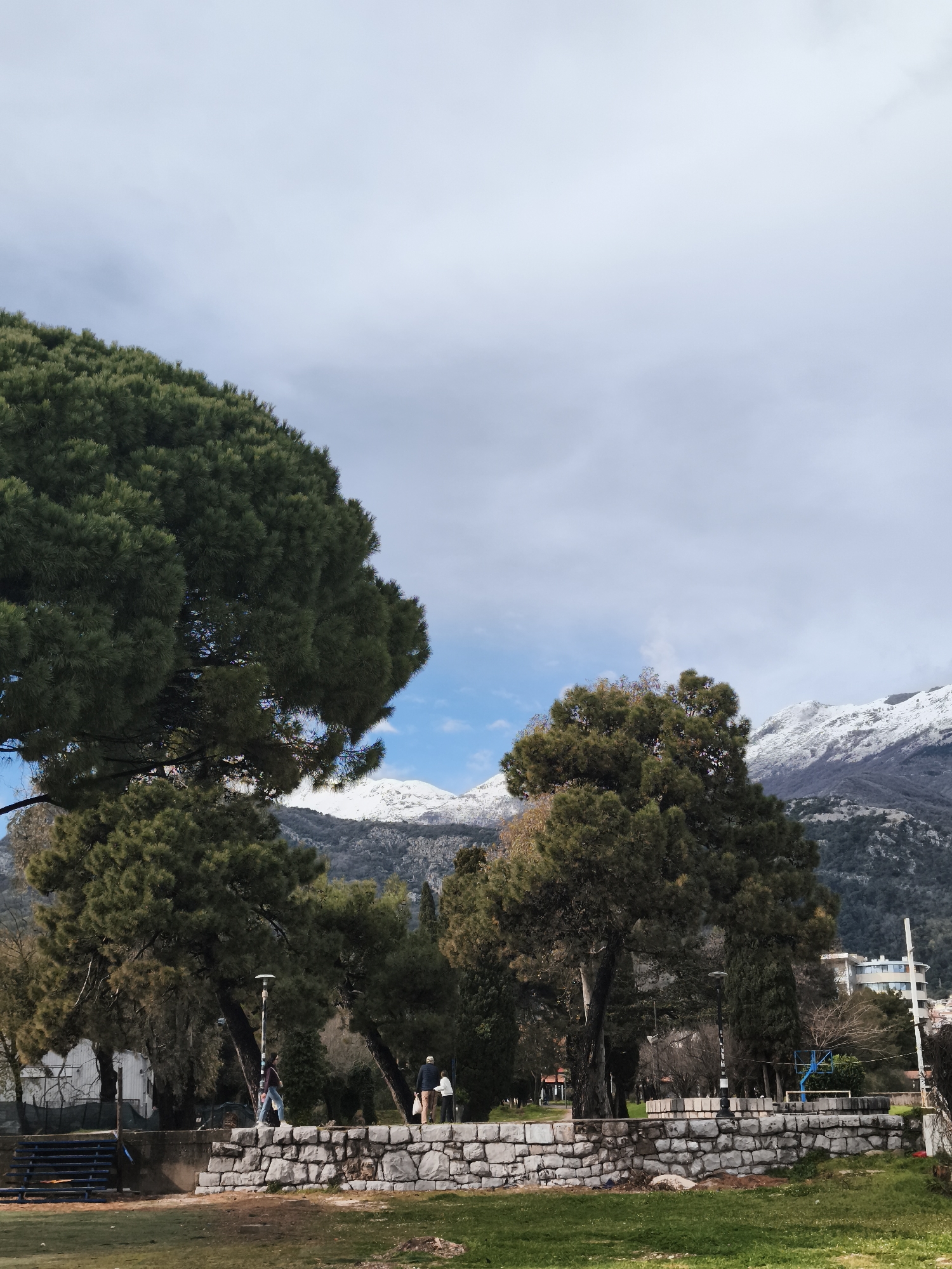 This image captures an outdoor scene in Budva, Montenegro, under a partially cloudy sky featuring patches of blue. Snow-capped mountains are visible in the distant background. The foreground consists of a grassy area with exposed earth. A low, horizontal stone retaining wall extends across the middle ground. Behind this wall, a paved pathway is present.
Four individuals are depicted on the pathway:
1. One person, dressed in a dark top and light-colored pants, walks from left to right.
2. Two individuals, appearing as an adult in a light-colored top and dark pants carrying a light bag, and a smaller person in dark clothing, stand or walk together further to the right.
3. A fourth person is partially obscured by trees on the far right.
Prominent features include multiple large evergreen trees positioned behind the stone wall, with some bare deciduous trees also present. A blue wooden bench is situated on the left, behind the stone wall. A tall street light pole stands centrally behind the wall. In the mid-distance, at the base of the mountains, several buildings with light-colored facades are discernible. A blue metal frame, resembling a basketball hoop, is visible on the right side, further back among the trees.