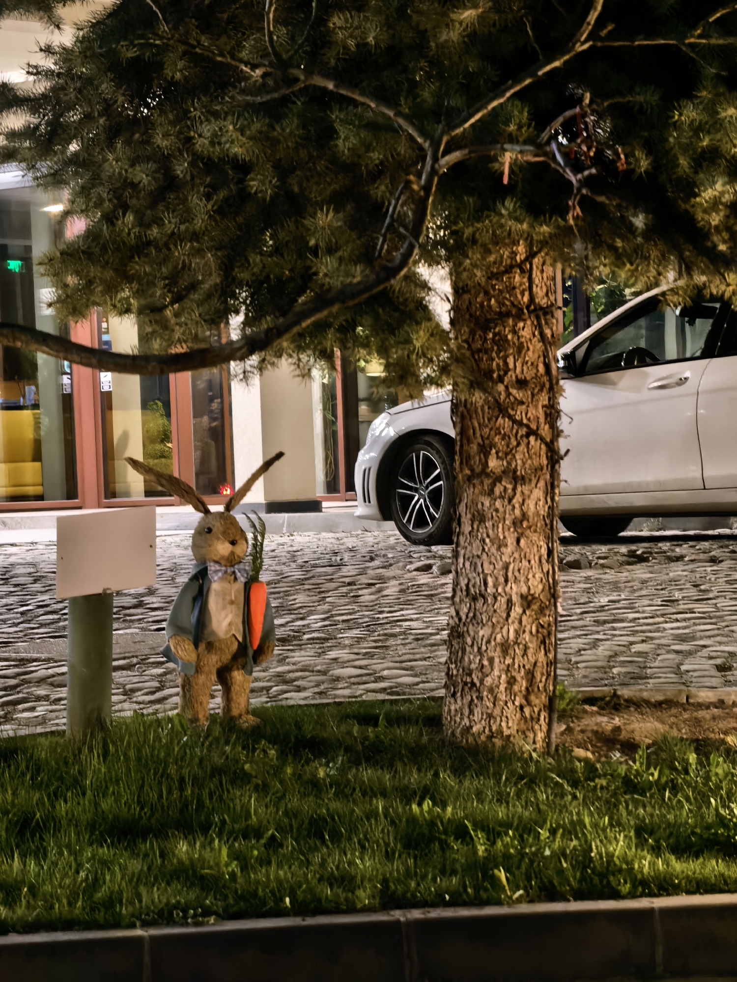 The image shows a nighttime scene on a cobblestone street in an urban area. A stuffed rabbit, dressed in a blue jacket and carrying a carrot, stands to the left of a tree trunk. Next to the rabbit is a blank white sign attached to a metal pole, partially obscured by green grass. Behind the tree and rabbit, a white car is parked. Further in the background, the façade of a building with glass windows and red framing is visible, with yellow and green objects visible within the building's interior. The lighting is dim, suggesting streetlights as the primary source of illumination.