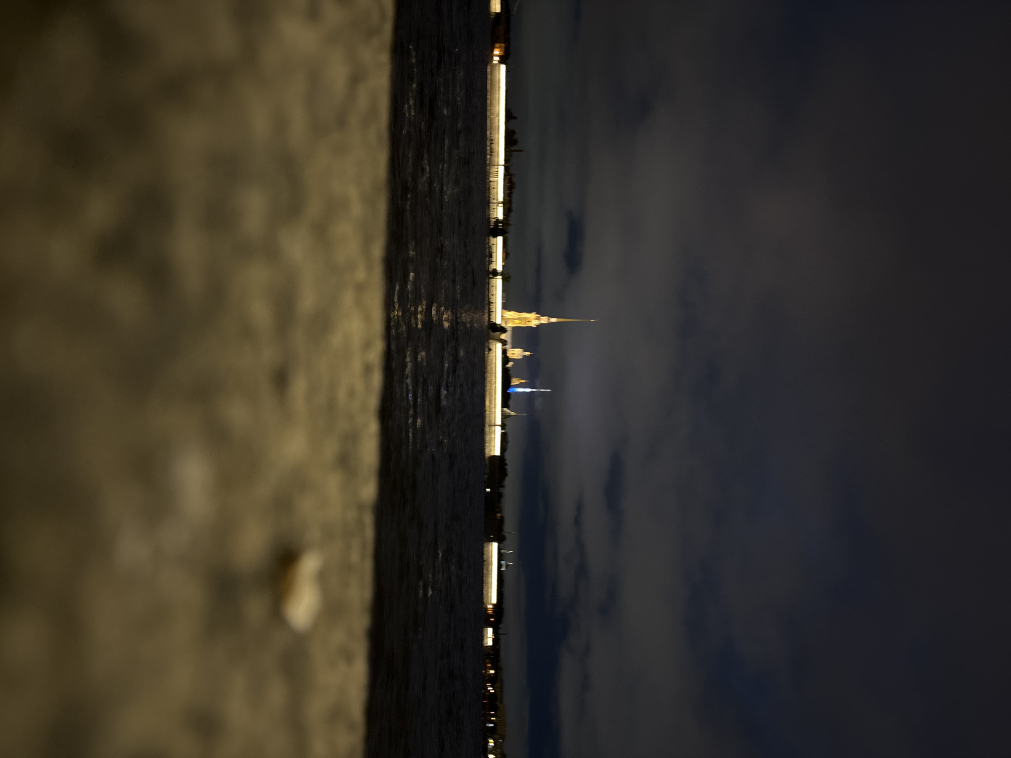 A vertical, night-time shot of a cityscape reflected in water. The skyline, running horizontally across the middle of the image, features illuminated buildings and a distinct spire. The left side of the image shows a blurred, textured surface, while the right side presents a dark sky with cloud cover. The water below the skyline reflects the city lights, creating a mirrored effect. The location appears to be Saint Petersburg, Russia, due to the architectural style of the spire.