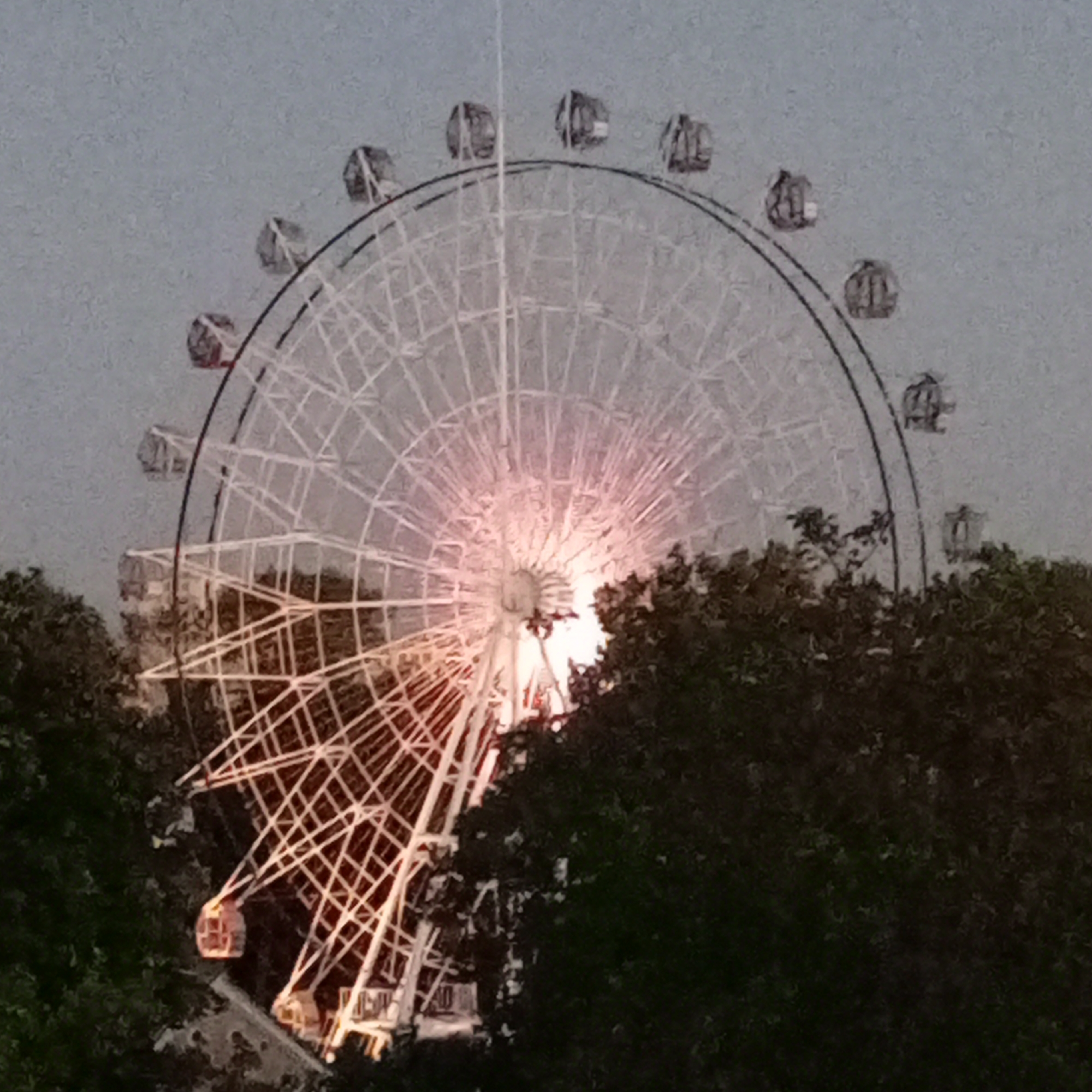 The image shows a Ferris wheel at night. The wheel is mostly white with some red and orange lights illuminating its base and spokes. The observation cars are visible. The Ferris wheel is partially obscured by trees in the foreground. The sky is a dull grey. The exact location is not clear from the image.