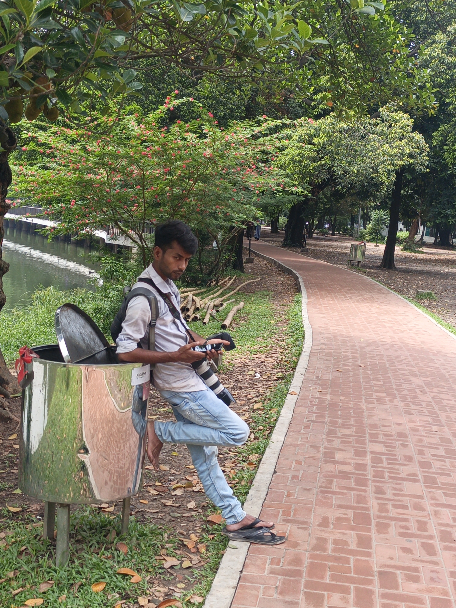 A young man is depicted in a full-length outdoor shot, leaning against a metallic trash can with its lid partially open. He wears a light-colored collared shirt, light blue jeans, and black flip-flops. A dark-colored backpack with a "SWISS GEAR" strap is visible on his shoulders, and he has a camera with a large lens slung across his chest. He holds a smartphone in his right hand and the camera in his left, looking directly at the viewer with a neutral expression.
The setting appears to be a lush park or natural area. To the man's left, a calm body of water, possibly a canal or river, runs alongside a concrete structure or embankment. Beyond the water, dense green foliage is visible. Behind the man, a vibrant flowering bush with numerous small pink blossoms adds a splash of color to the verdant background. Various trees with broad green leaves, some bearing large green fruits resembling jackfruit, frame the upper part of the image.
To the man's right, a red brick-paved pathway curves gently into the distance, bordered by a concrete edge. The ground around the pathway and under the trees is covered with green grass and numerous fallen brown leaves, along with some cut wooden logs or branches. The natural light suggests it is daytime, with an even illumination indicating possibly an overcast sky or dappled sunlight through the trees. The man's stance suggests a casual break or a posed moment during an outing.