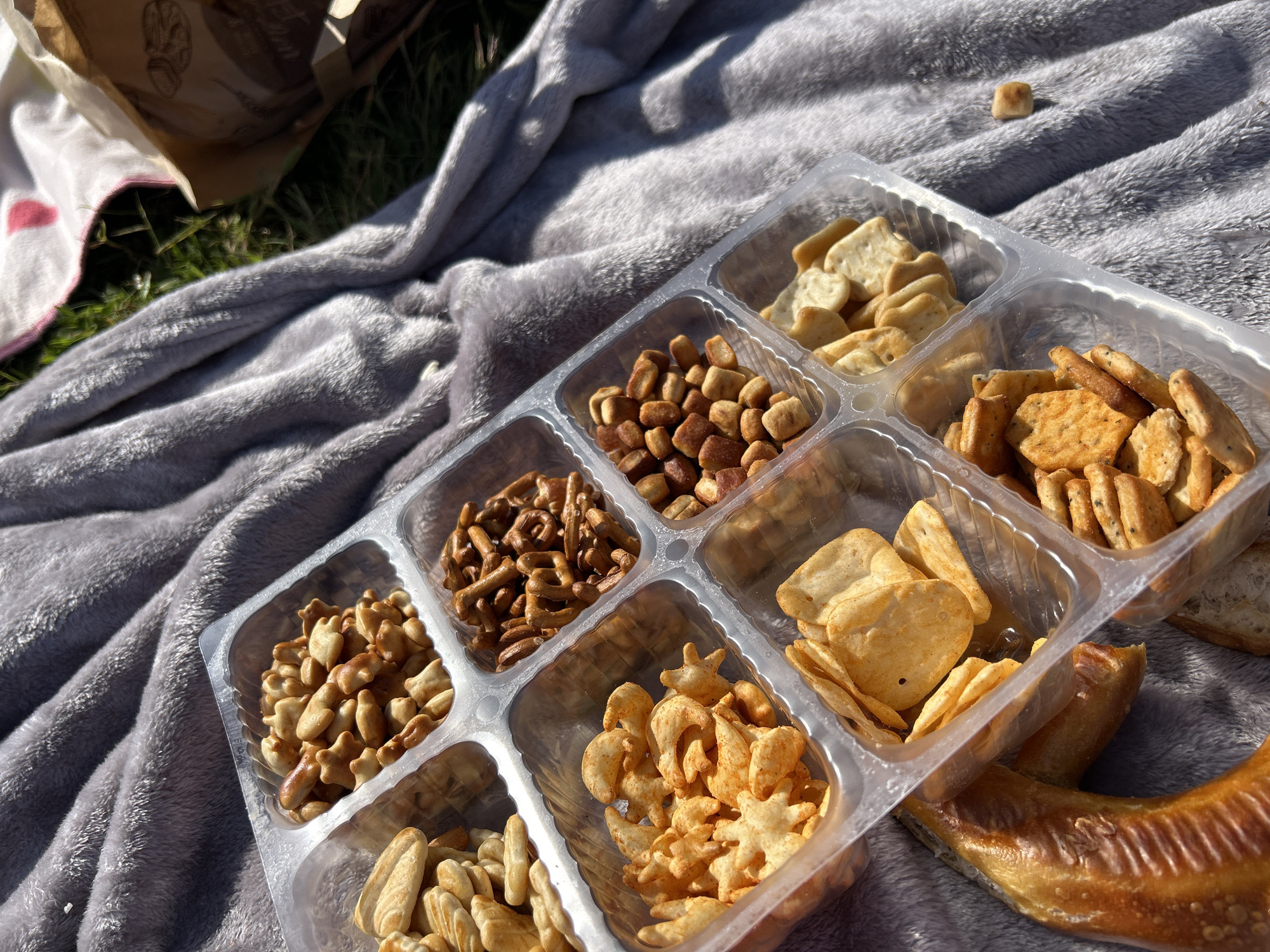 An overhead, close-up shot shows a variety of snacks in a clear plastic tray arranged on a soft, gray blanket. The blanket is spread across a patch of green grass, suggesting an outdoor setting, possibly a picnic. The snack tray is divided into multiple compartments, each filled with different types of crackers and pretzels. The snacks vary in shape, size, and color, from golden brown pretzels to lighter colored crackers. One compartment contains small, star-shaped crackers that appear to be seasoned with red and orange spices. To the left of the tray, a large, golden-brown pretzel rests on the blanket. In the background, a white and pink striped towel is visible, along with a brown paper bag. The lighting suggests it is a sunny day, with shadows cast across the scene. No people are present in the image. The location is not specified as Gummersbach, Germany; the description focuses on the visual elements within the image.