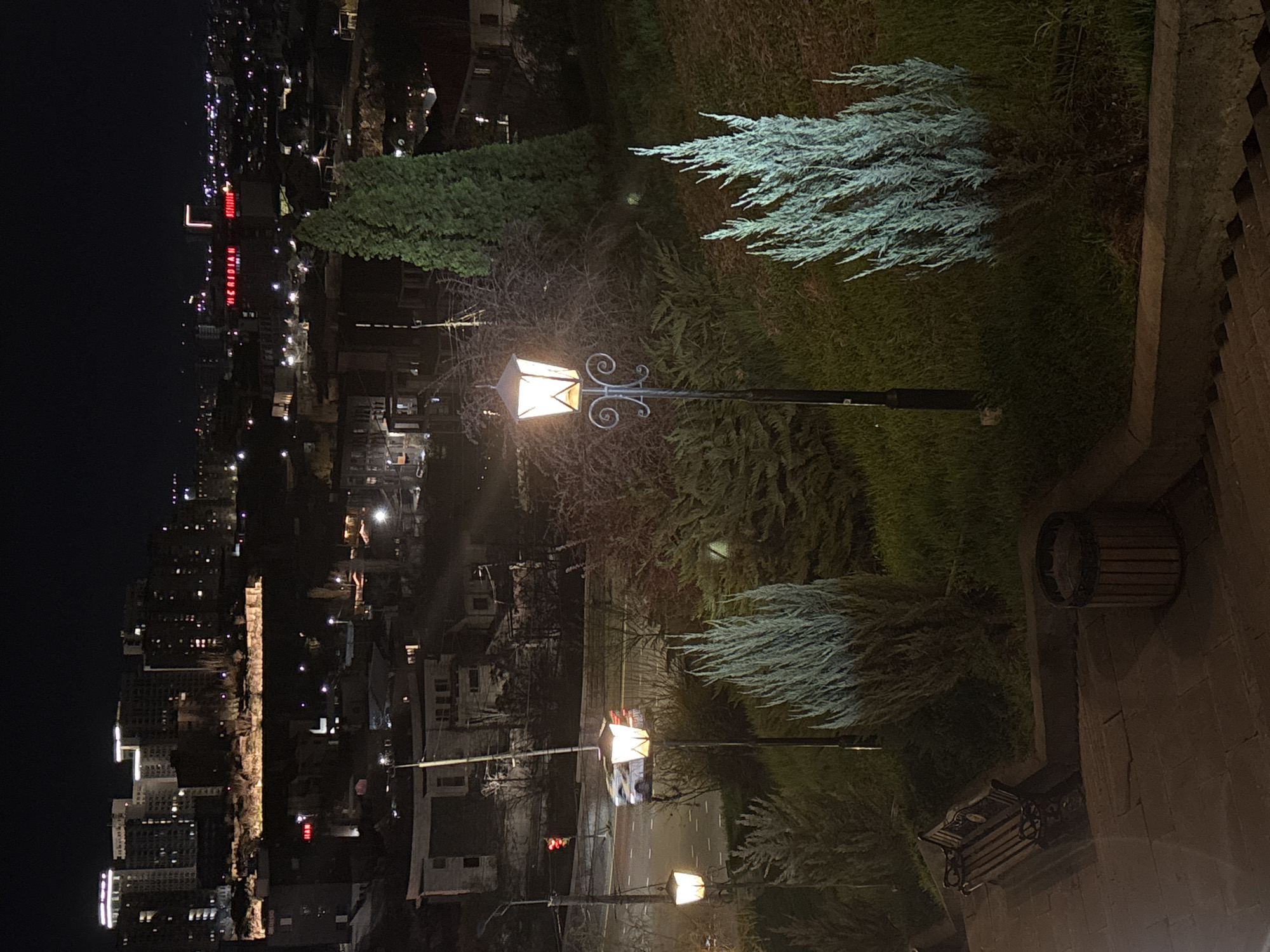 The image is taken at night from a high vantage point, showing a cityscape with a lamplit foreground. The city is Yerevan, Armenia, identifiable by the "MERIDIAN" sign illuminated in red on a tall building. The foreground features a stone pathway, bordered by grass and several evergreen trees. Two ornate, illuminated lampposts stand among the trees, casting a warm light. A wooden barrel and a decorative bench sit on the pathway. In the distance, city lights stretch into the darkness.