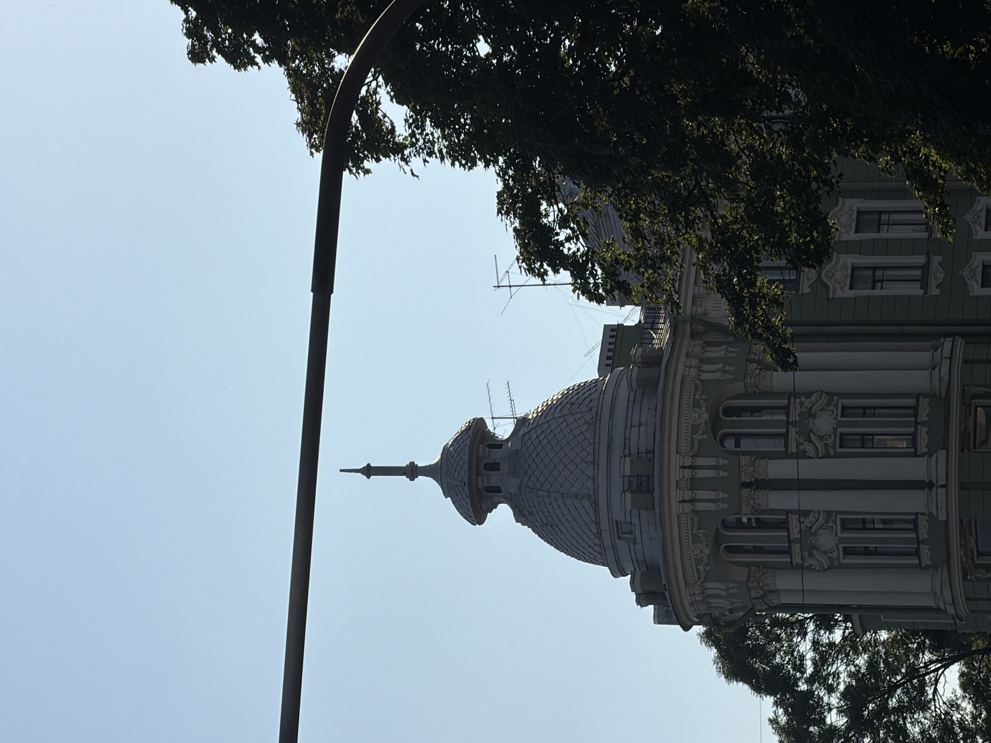 The image captures an upward view of a building with a dome-shaped roof, partially obscured by the dark green foliage of a tree. A tall, dark lamppost is visible on the left side of the frame, its curved top arching towards the upper edge. The building's facade is adorned with intricate architectural details, including columns and decorative carvings around its windows. The sky is a clear, pale blue, suggesting a bright day. The lighting and clear sky indicate it is daytime, likely mid-morning or afternoon. The composition, with the lamppost and tree framing the building and dome, creates a dramatic perspective. No people or specific activities are depicted. The location is not identifiable from the image itself.