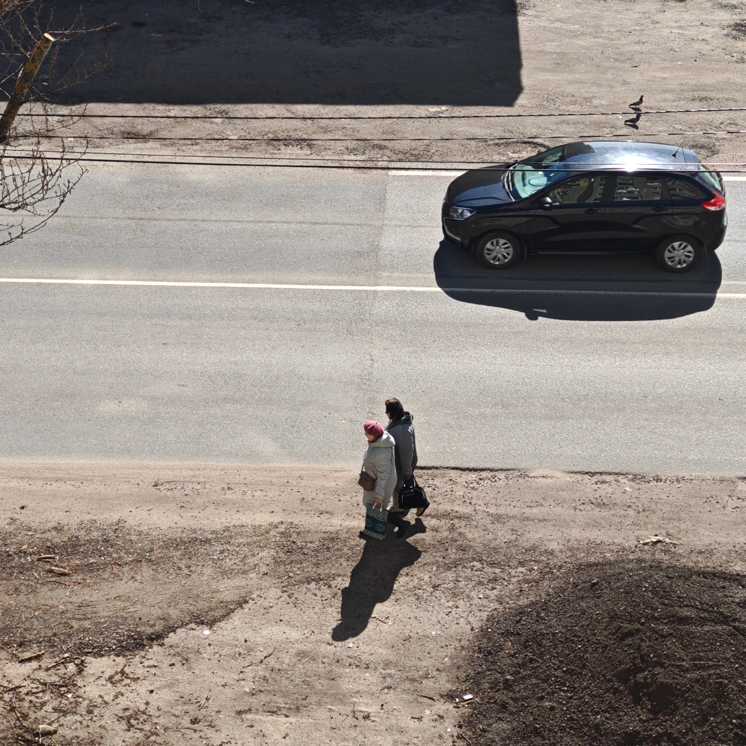 This media file presents a high-angle view of a street scene, likely captured from an elevated position. The image is divided into several horizontal layers, showcasing an urban or suburban environment under bright sunlight.
**Subjects:**
The central subjects include two pedestrians and a black car. Two individuals, appearing to be adults, are walking on a textured dirt and gravel path alongside the road. The person in the foreground wears a light jacket and a red beanie, carrying a patterned tote bag. The other person, slightly ahead, is dressed in a darker hooded jacket and carries a dark handbag. Their elongated shadows stretch behind them. A black station wagon, resembling a Lada Vesta SW Cross, is positioned on the asphalt road, casting a large shadow to its left. A small bird, possibly a pigeon, is visible on a narrow strip of ground behind the car.
**Scene and Setting:**
The scene transitions from a rough, unpaved area in the foreground to a clean asphalt road. The bottom section of the image features a wide expanse of dry, dusty earth mixed with gravel, small sticks, and a distinct pile of dark soil. Above this is a gray asphalt road, marked by a crisp white dividing line. Further up, another narrow strip of unpaved land separates the road from a darker, possibly shaded, section of ground or pavement at the very top. A bare, branching tree is partially visible on the far left, extending into the frame.
**Activity:**
The two individuals are engaged in walking along the unpaved path. The car is either moving or stationary on the road.
**Notable Details:**
The pronounced, long shadows cast by the people and the car suggest that the time of day is either early morning or late afternoon, with the sun at a low angle. The clear sky and bright light indicate sunny weather. The bare tree branches point towards late winter or early spring. No discernible text or explicit emotional cues are visible. The car model (Lada) is common in Russia, aligning with the provided location context of Rostov, Russia.