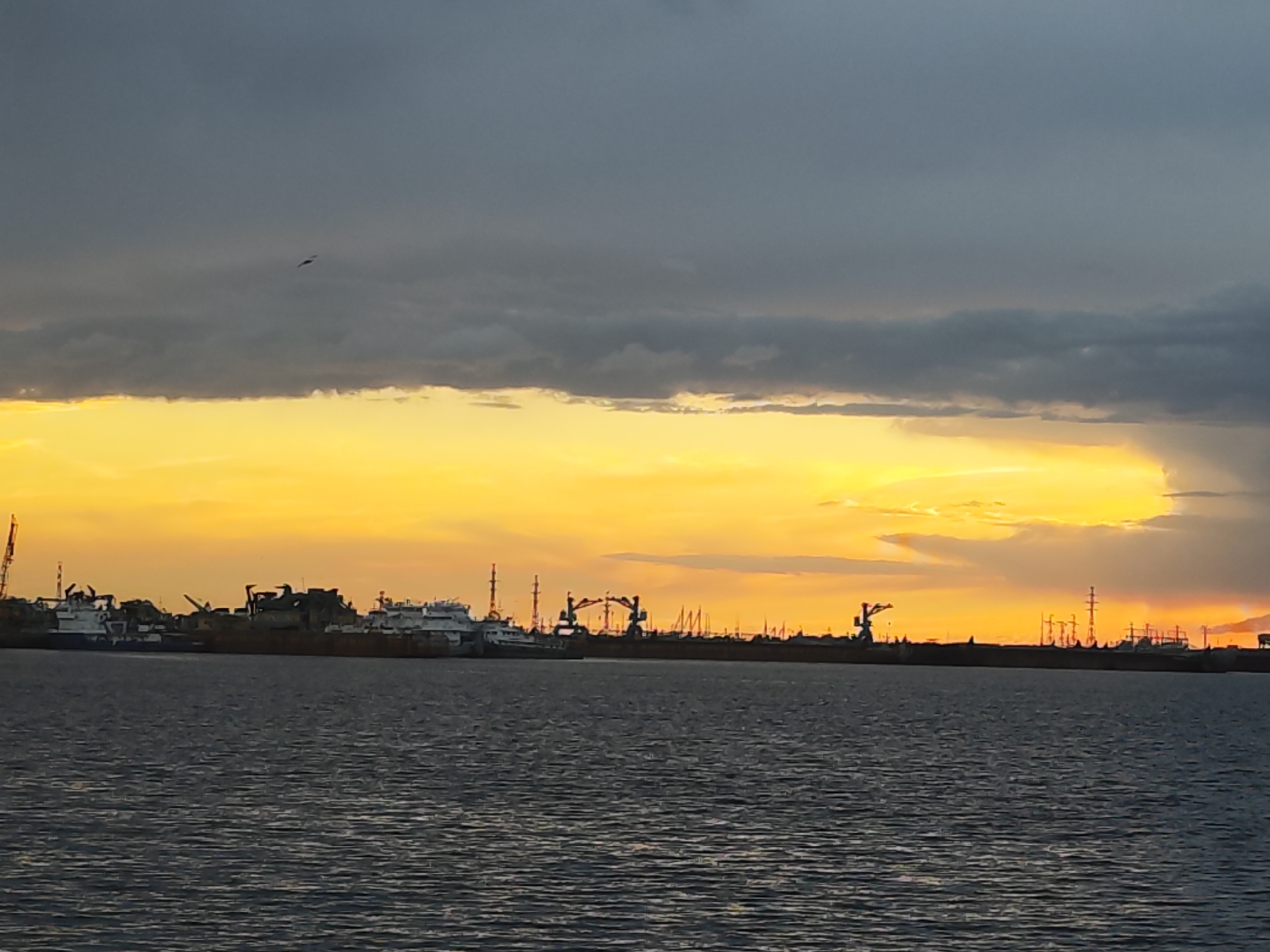The image shows a waterfront scene at dusk, likely in or near Chaikovsky, Russia. A body of water, probably the Kama River or a reservoir connected to it, fills the foreground. The water surface is rippled, indicating a slight breeze. The sky is dominated by dramatic cloud formations, ranging from dark, overcast gray above to vibrant golden hues near the horizon, suggesting a sunset or sunrise. A single bird is visible in the sky.
In the background, a landmass is visible, likely a shoreline or industrial area within Chaikovsky. The skyline is punctuated by various industrial structures, including cranes, ships, and possibly storage tanks or other port facilities. These structures are silhouetted against the bright sky, making it difficult to discern their precise details. The overall impression is of a harbor or port area, possibly used for shipping, shipbuilding, or industrial activities related to the river. There are no people directly visible in the image.