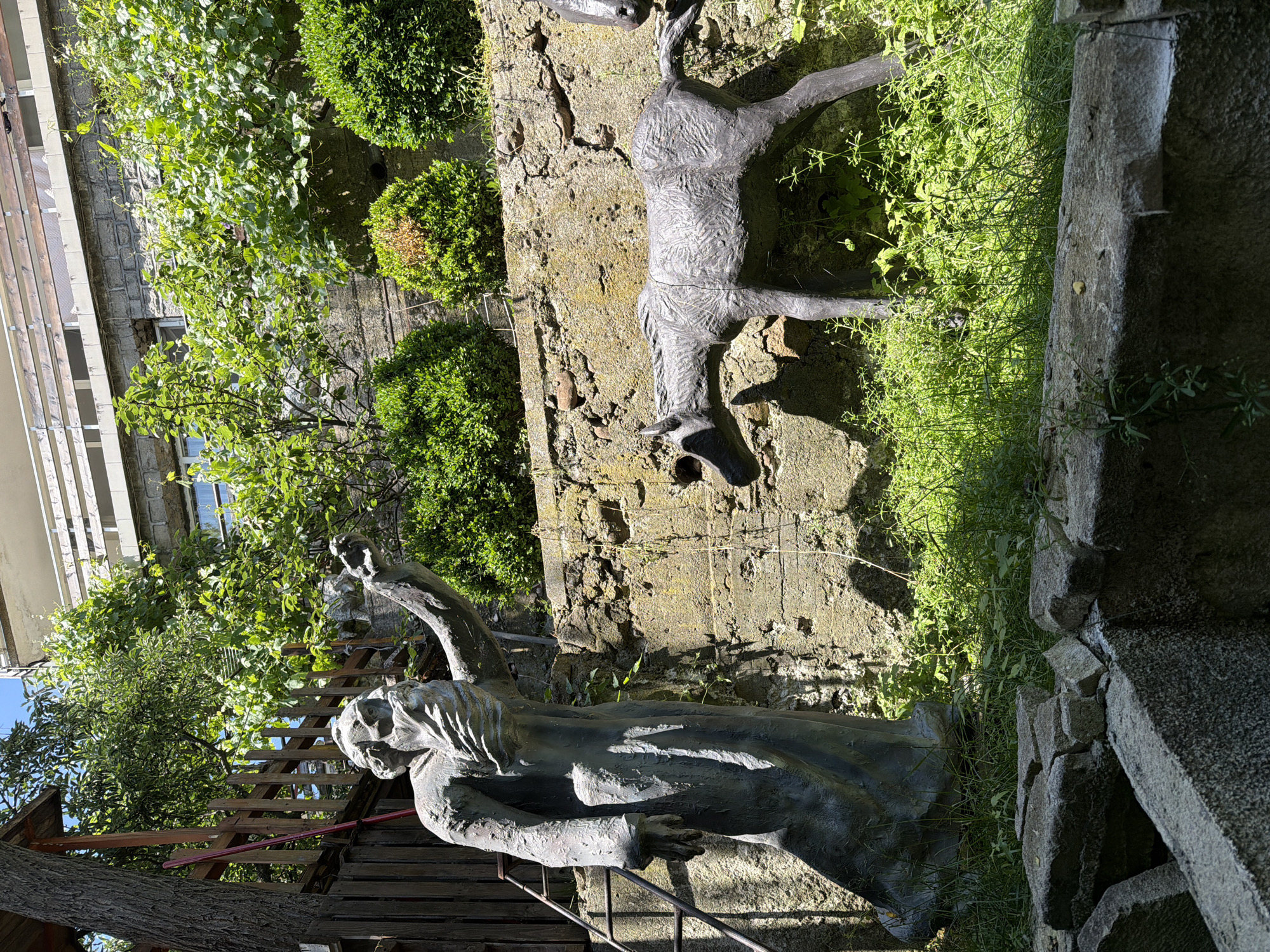 The image depicts an outdoor sculpture garden located in Sofia, Bulgaria, likely within the premises of the National Art Gallery or a similar cultural institution. The foreground features broken stone structures and lush green grass. In the mid-ground, a tall, draped statue of a figure with an outstretched arm holding something is positioned to the left. To the right, a smaller, dark gray sculpture of a horse stands on the grass, facing the draped figure. Behind the sculptures, a rough stone wall is visible, with dense green foliage and bushes growing on and around it. A multi-story building with stone and concrete elements and balconies is situated in the background. The scene is illuminated by bright sunlight, casting shadows.