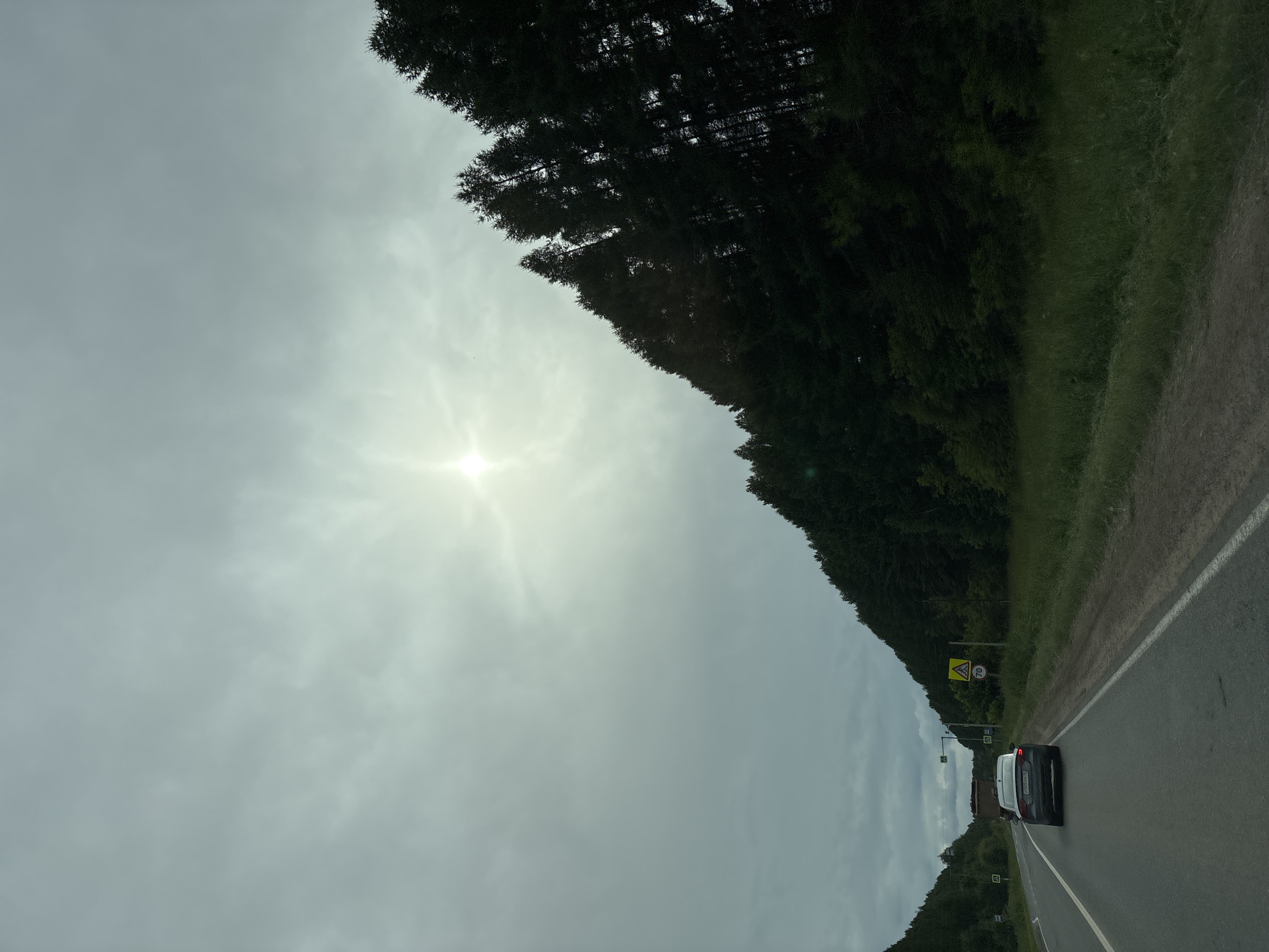 The image captures a view from a moving vehicle on a paved road through a wooded area, likely in Забегалово, Russia. The road curves to the left, with a white line marking the lane separation. A dark-colored sedan is driving ahead in the right lane. On the right side of the road, a steep incline is covered by dense, dark green evergreen trees. The sky above is overcast with a bright sun peeking through, creating a diffused light. Several yellow triangular road signs with black symbols are visible on the right side of the road, one with a number "70" indicating a speed limit. On the left side of the road, there are also smaller yellow road signs with black symbols. The terrain suggests a rural or semi-rural setting.