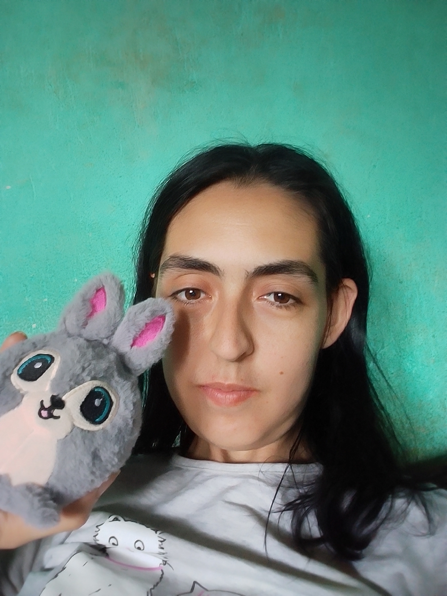 In Stara Zagora, Bulgaria, a person with long, dark hair and brown eyes holds a gray stuffed rabbit with pink inner ears in front of their face. The person is wearing a light-colored t-shirt featuring a white cat graphic. They are positioned against a textured teal wall.