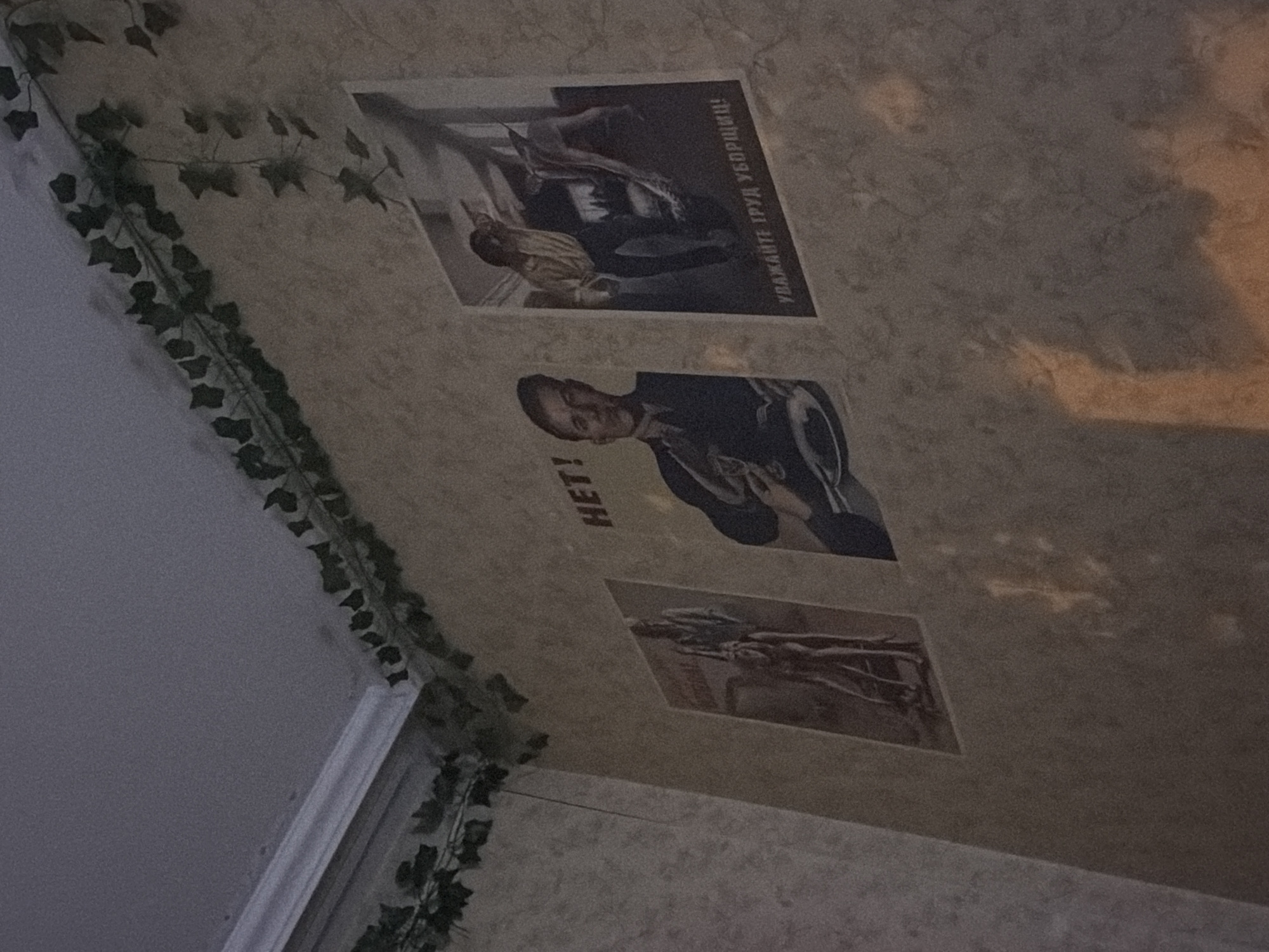 The image shows a corner of a room with a textured wall. There are three posters on the wall. The leftmost poster is partially visible, showing a figure that appears to be a man in work clothes. The middle poster depicts a man in a suit holding a plate and fork, with the word "НЕТ!" (NET!) in large red letters above him. The rightmost poster shows two figures, one pointing at the other, with Russian text at the bottom. There is artificial greenery draped along the ceiling and down the wall in the corner, suggesting it is decorative. The lighting is dim, casting shadows and highlighting the textured surface of the wall. The overall impression is of a room decorated with Soviet-era propaganda posters. The location is a room in the city of Khimki, Russia.