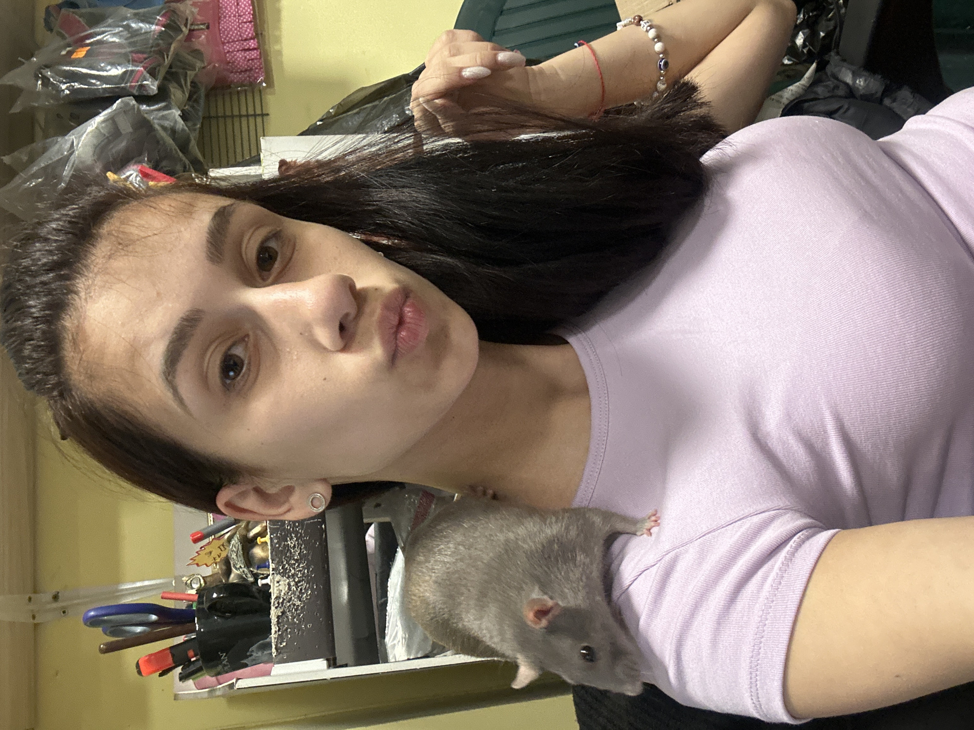 A young woman, likely in her late teens or early twenties, poses for a selfie in an indoor setting. She has dark brown hair, brown eyes, and light skin, and her lips are slightly pursed. She is wearing a light purple, short-sleeved t-shirt. On her left wrist, she wears several bracelets, including one with white beads and blue "evil eye" charms, and a simple red string bracelet. Her fingernails are painted a light color, possibly white or pale pink, with some glitter. A silver circular earring with small gems is visible in her left earlobe.
A small, light grey pet rat with pink ears and black eyes is resting comfortably on her left shoulder and collarbone area, looking towards the camera.
The background is somewhat cluttered, suggesting a personal space such as a bedroom or home office. To the left and behind the woman, various items are stacked, some wrapped in clear plastic. Further back, there appears to be a black metal shelving unit or storage rack. To her right, a container filled with office supplies like pens, markers (one with barely visible "LAN" text), and scissors is visible on a surface. Some other indistinct objects and possibly some illegible text on a small paper are also present in the background. The wall color appears light yellow or cream. The image is taken in a casual, intimate style, possibly in Plovdiv, Bulgaria.