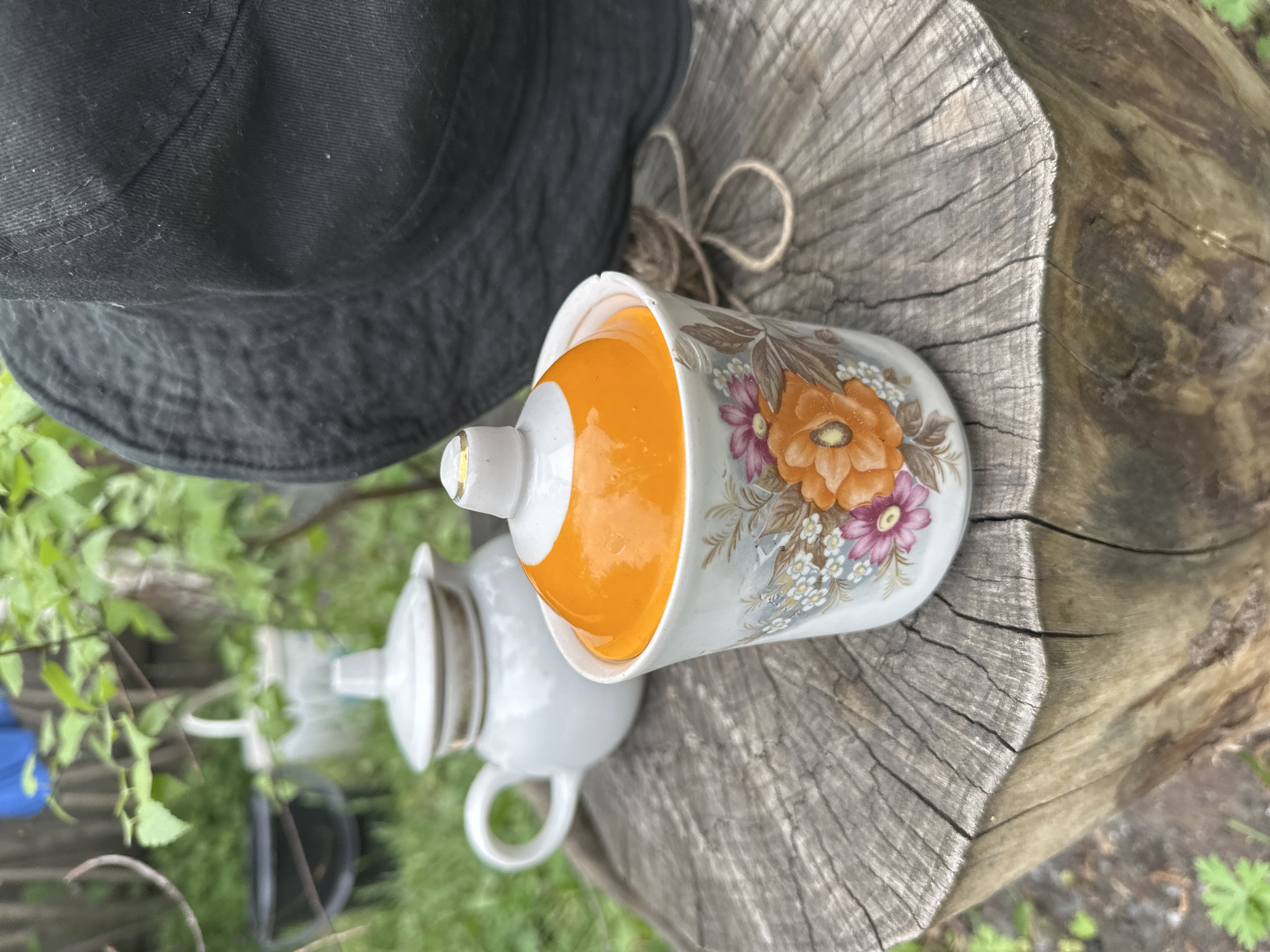 The image shows a still life on a weathered tree stump outdoors. A black bucket hat rests on the left. Adjacent to the hat is a ceramic mug with orange liquid inside, featuring floral designs. Below the mug, partially obscured, is a white ceramic teapot with a handle and lid. The setting appears to be an outdoor area with green foliage. The image was taken in Biysk, Russia.
