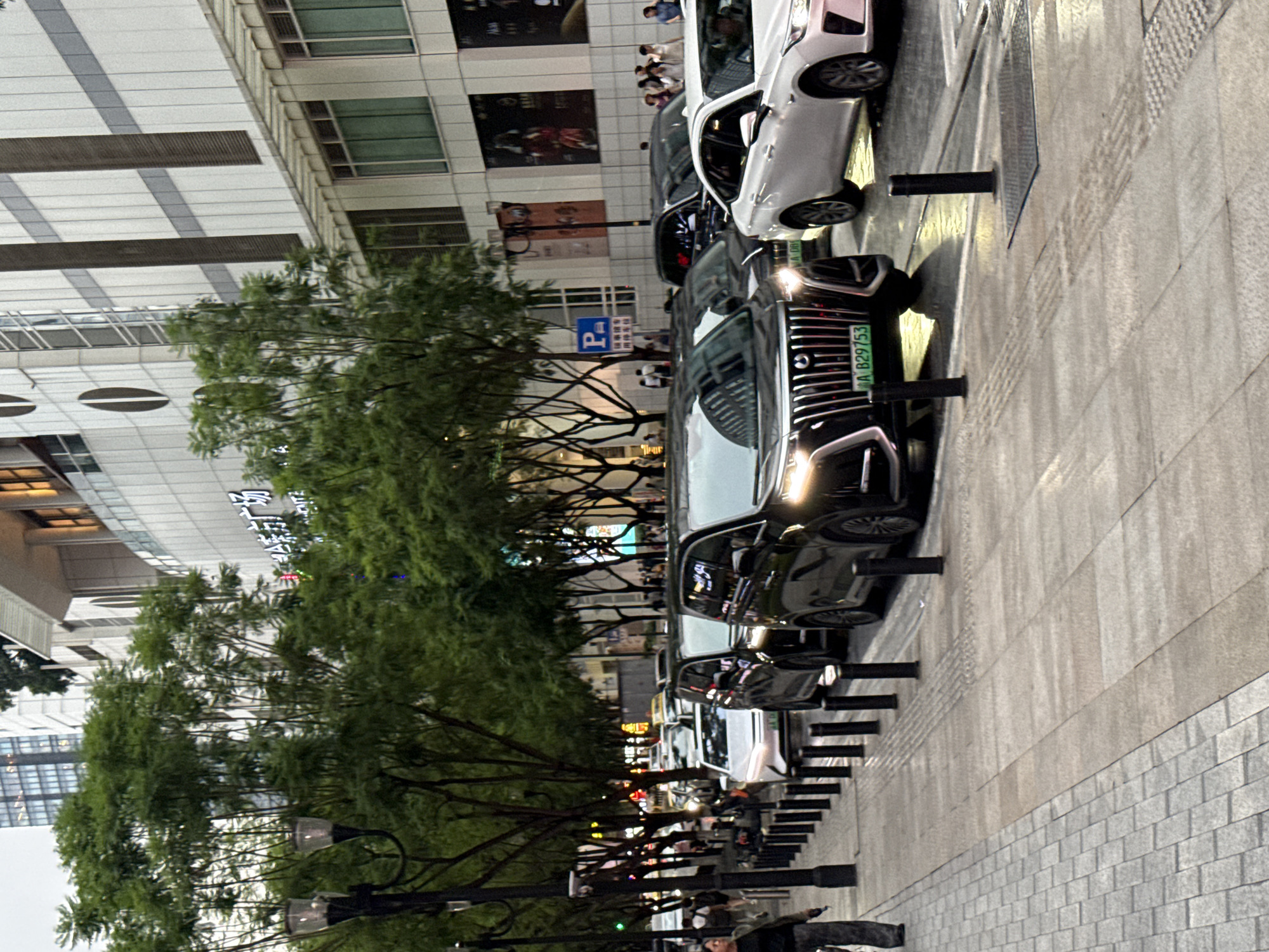 In Yuzhong District, China, a street scene depicts a row of vehicles, primarily black and white cars, lined up on a wet asphalt road. The foreground shows a gray brick sidewalk with black bollards. The street is bordered by trees with dense green foliage and streetlights. Behind the trees, a modern building complex with white and gray facades and large windows dominates the background. Several people are visible walking on the sidewalk and near the building entrance. One individual in dark clothing and light-colored pants is walking away from the camera on the left side of the sidewalk. The vehicles are stationary, suggesting traffic or a parking area. A blue parking sign is visible on a pole. The overall lighting suggests it is late afternoon or early evening.