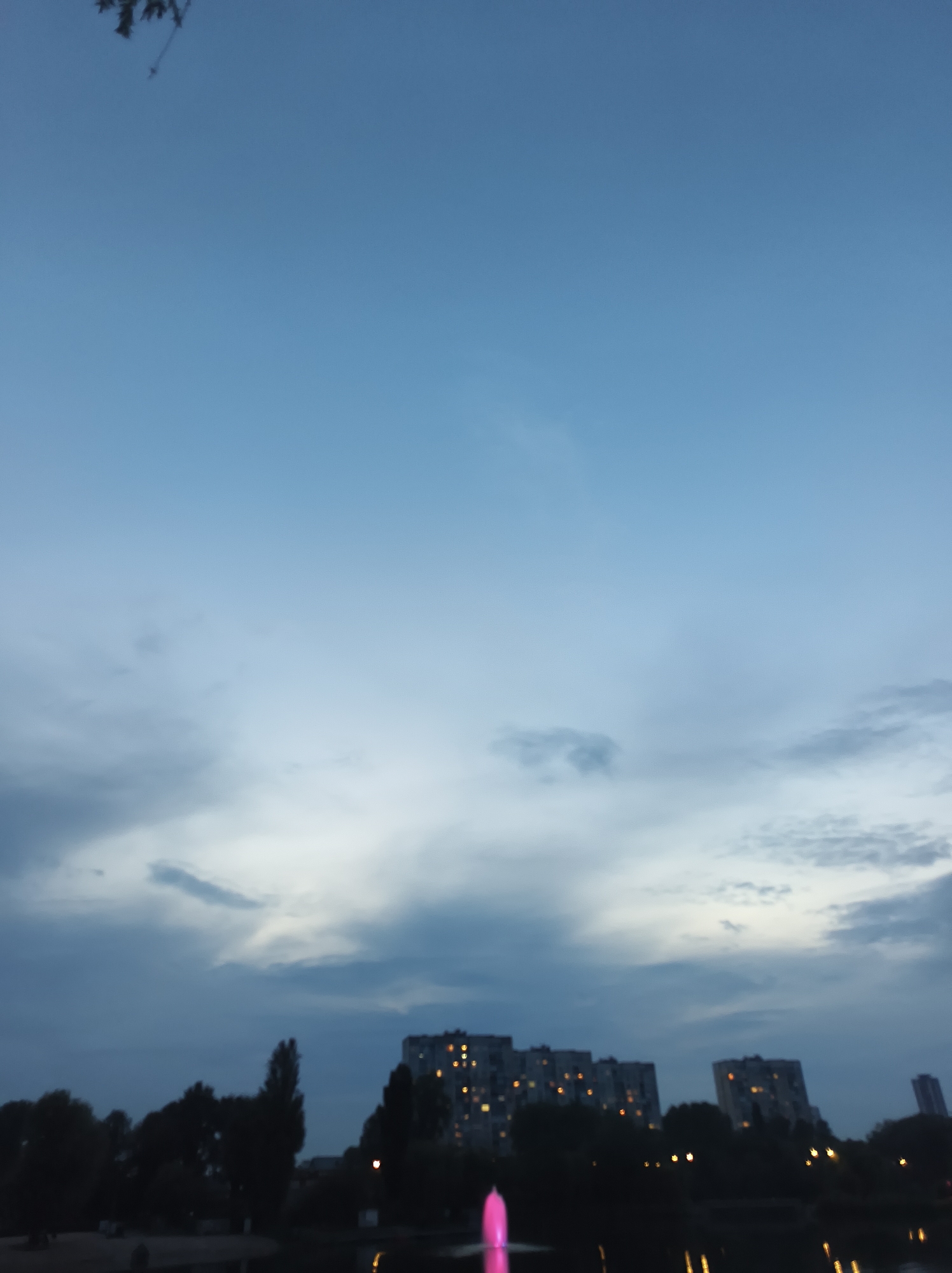 The image depicts an urban landscape in Kyiv, Ukraine, during the evening or early night, characterized by a predominance of twilight conditions and artificial illumination. The upper two-thirds of the frame feature a sky that transitions from a lighter blue-grey at the top to darker, layered grey clouds towards the horizon, with subtle light visible through the clouds in the upper-middle section.
Along the horizon line, several multi-story residential buildings are present, exhibiting illuminated windows that suggest interior lighting. These structures are partially obscured by the dark, silhouetted forms of numerous trees and dense vegetation that line the banks of a body of water in the foreground. The water, likely a lake or pond, reflects some of the artificial lights from the buildings and a prominent, vibrant pink/magenta light source, which appears to be an illuminated fountain, situated in the lower-center-left portion of the water. Additional faint reflections of light are visible on the water's surface to the right. Due to the low light and resolution, no specific individuals, actions, or interactions are discernible. The overall scene is static, devoid of explicit movement.