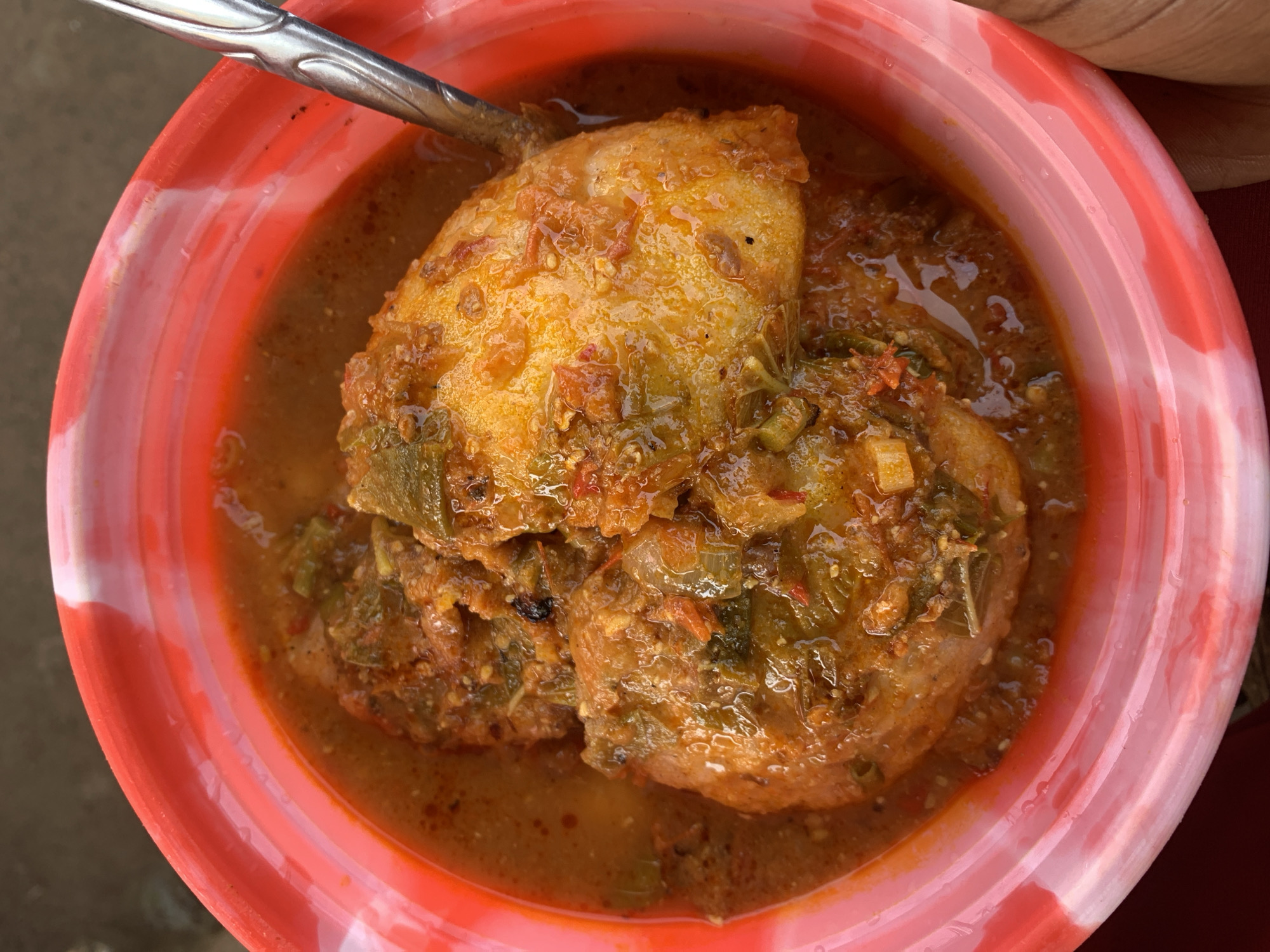 A close-up shot shows a reddish-pink plastic bowl filled with a stew-like dish. The food appears to be three round or semi-round pieces of yam or similar starchy food covered in a thick sauce with visible green peppers, spices, and possibly tomatoes. The stew has a dark, somewhat oily appearance. A metal spoon is partially visible in the upper left of the bowl. The location is Rafin Par, Nigeria, judging from the presence of yam.