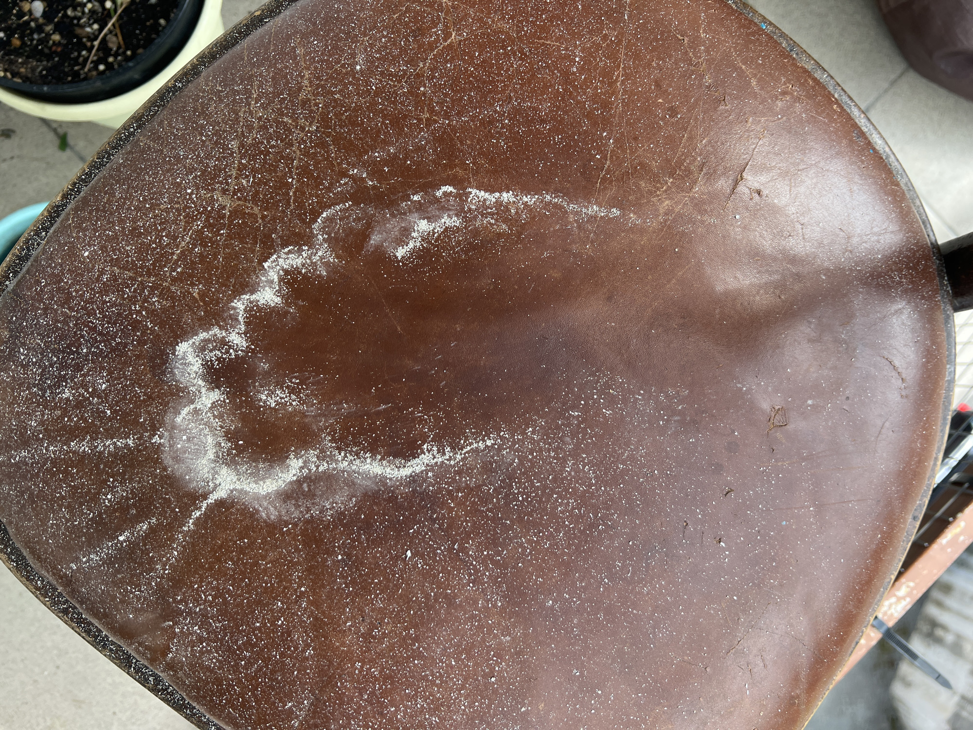 The image shows a close-up, overhead view of a brown, weathered stool seat, likely made of leather or faux leather. The surface is heavily textured with fine cracks and scuffs. A significant portion of the seat is covered in a fine, white powdery substance, concentrated in a distinct, splotchy pattern. There are also scattered smaller white specks across the rest of the seat. The stool appears to be outdoors, as evidenced by the blurred background which suggests a paved area and some greenery or potted plants. No people or specific landmarks of Krasnaya Polyana, Russia are visible.