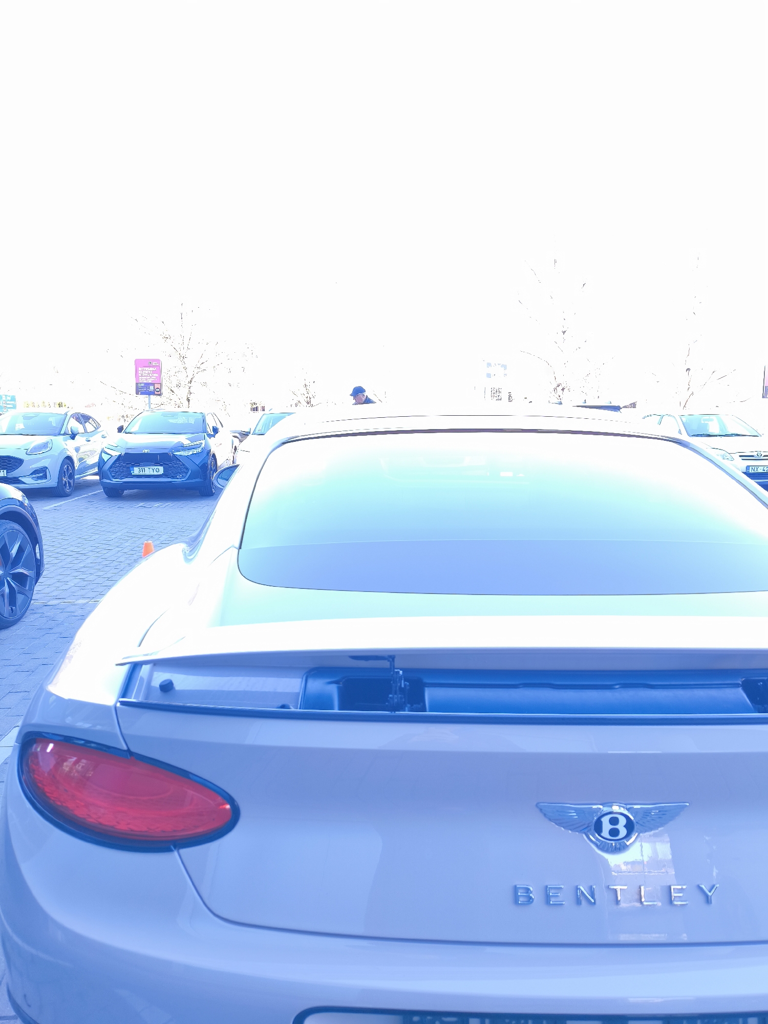 The image captures a bright, overexposed outdoor scene in a parking lot in Riga, Latvia, with a dominant blue/cyan tint. The primary subject is the rear of a light-colored (possibly cream or pale beige) Bentley car, positioned in the foreground and slightly to the right. The car features a prominent oval red taillight on the left, a subtle integrated rear spoiler, and the distinctive winged 'B' Bentley logo above the word "BENTLEY" spelled out in chrome letters on the trunk lid. The rear window reflects a blueish sky or light.
In the mid-ground, several other vehicles are parked on a cobblestone-patterned pavement. To the left, part of a wheel from another car (possibly black or dark blue, possibly a Ford Puma based on other partially visible Ford Pumas in the image) is visible. Further back, a white Ford Puma is parked on the left, followed by a dark SUV, possibly a Toyota, directly in front with a visible Latvian license plate "311 TYG". To the far right, a lighter-colored sedan is partially visible with its license plate starting "NX 42".
A person, likely male, wearing a dark cap, is partially visible standing or walking behind the dark SUV. The background features bare trees, suggesting late autumn, winter, or early spring. Several indistinct light-colored buildings are also visible. A pink or purple sign, possibly an informational board or advertisement, is visible in the background, with some unreadable text and a partial word "ZEMES...".
The scene depicts a typical daytime parking area. The strong overexposure and blue color cast make some details appear washed out, but the subjects are clearly identifiable. No specific activity beyond cars being parked and a person moving is discernible.