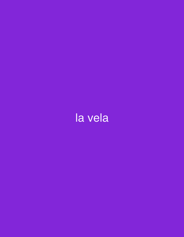 The image displays a minimalist graphic featuring solid purple background. Centered on this uniform background, the text "la vela" is written in white, sans-serif lowercase letters. There are no visible subjects such as people, objects, or a discernible scene or setting beyond the colored field. No activity or event is depicted. Notable details include the stark color contrast between the vibrant purple background and the white text. The image provides no visual cues regarding the time of day, weather, or any specific geographical location within Santa Ana, Venezuela, or elsewhere. The overall composition is a simple, text-focused graphic.