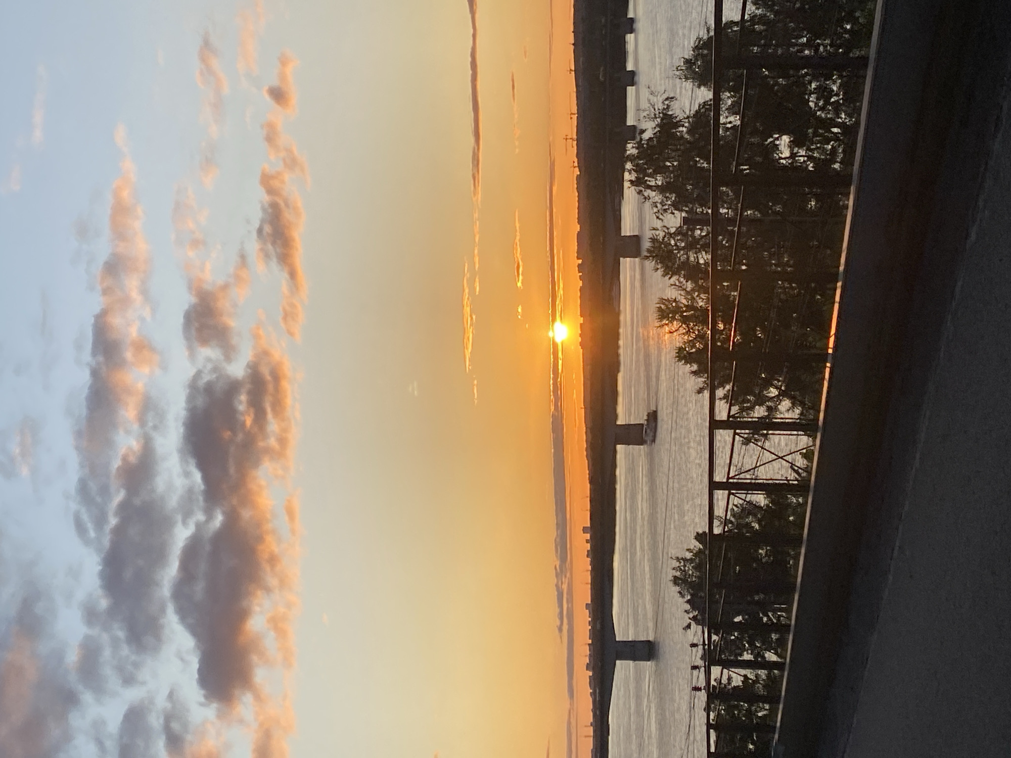 A sunset over the Kama River in Perm, Russia, is captured in this vertical, wide-angle photograph. The sun, a bright orb, is setting on the horizon, casting a warm orange glow across the sky and reflecting on the water. The sky is a gradient of soft blues and oranges, with scattered clouds tinged with pink and yellow.
In the foreground, a dark metal railing runs horizontally across the image, with trees silhouetted behind it. The trees are lush and green, with some branches reaching up towards the sky. Beyond the trees, the Kama River stretches out, its surface rippling under the soft light. A white boat is visible on the water, moving from left to right.
A long bridge, supported by concrete pillars, spans the river in the middle ground. The bridge is dark and imposing against the bright sky. In the distance, the skyline of Perm is visible, with buildings and industrial structures silhouetted against the horizon. The overall impression is one of tranquility and natural beauty, with the man-made elements of the city integrated into the landscape.