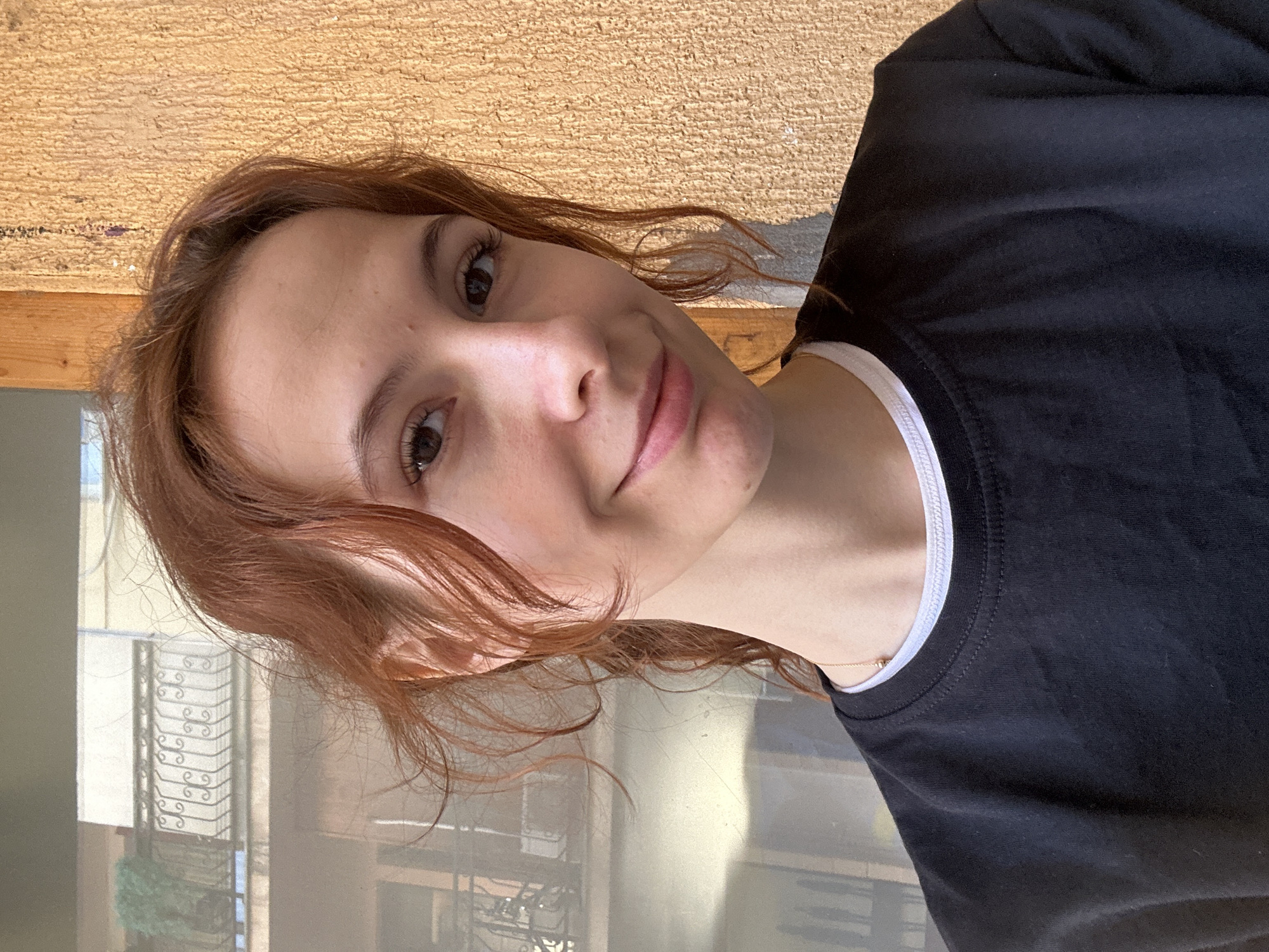 A young woman with reddish-brown, wavy hair is posing for a selfie. She is wearing a black t-shirt with a white collar. She has fair skin, light brown eyes, and a slight smile. The background shows a textured wall and a window view of a building with decorative ironwork. Based on the architectural style and ironwork, the location is likely Novi Sad, Serbia.