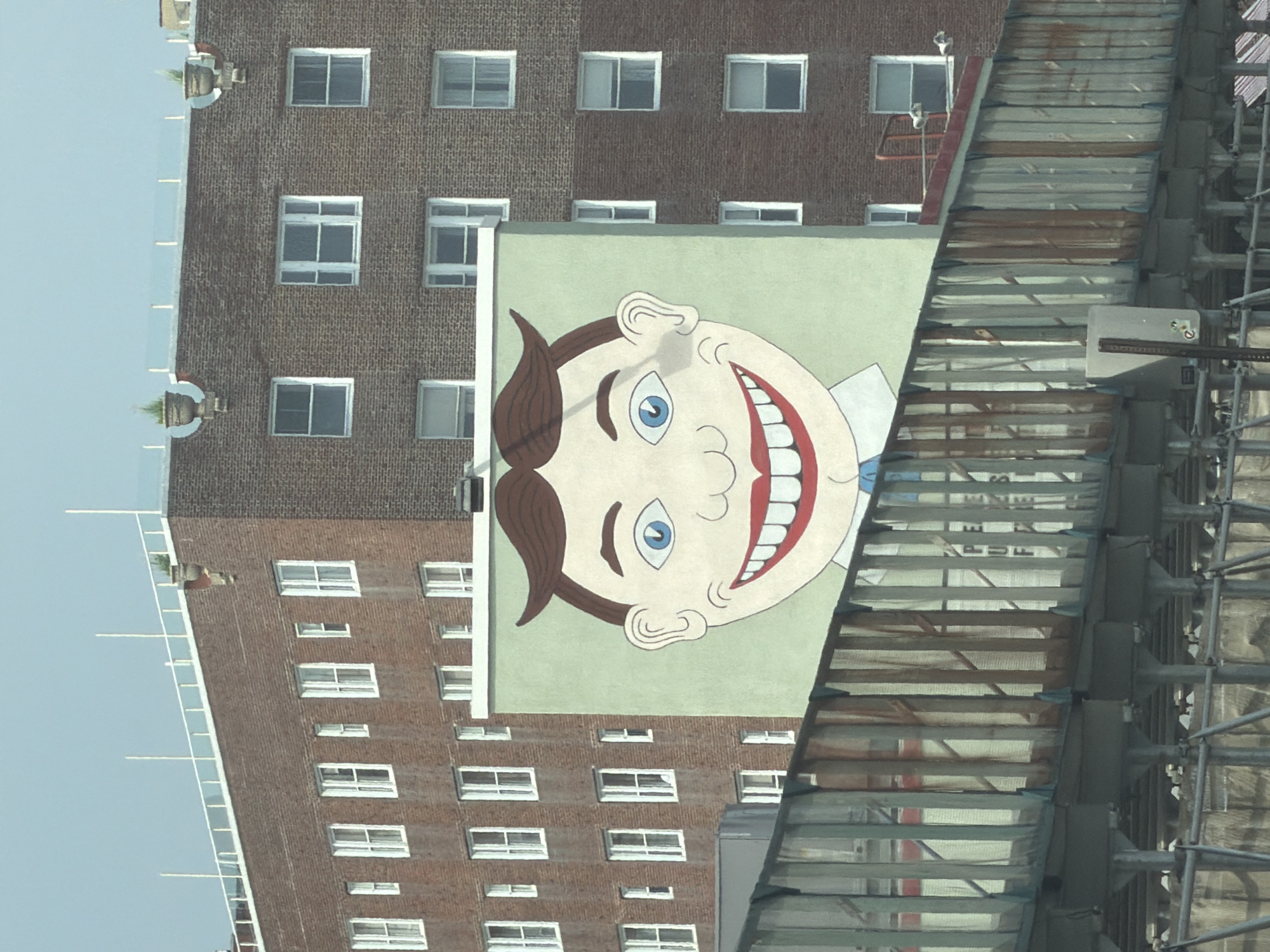 The image shows a large mural of a smiling face on the side of a building in Asbury Park, New Jersey. The building is made of red brick and has many windows. In front of the mural is a metal structure covered with a light green mesh, possibly scaffolding or a walkway. The sky is overcast and a light blue. The mural is a close-up of a cartoonish face with large blue eyes, a wide mouth with white teeth, and brown hair. The overall scene appears to be a street view in a city.