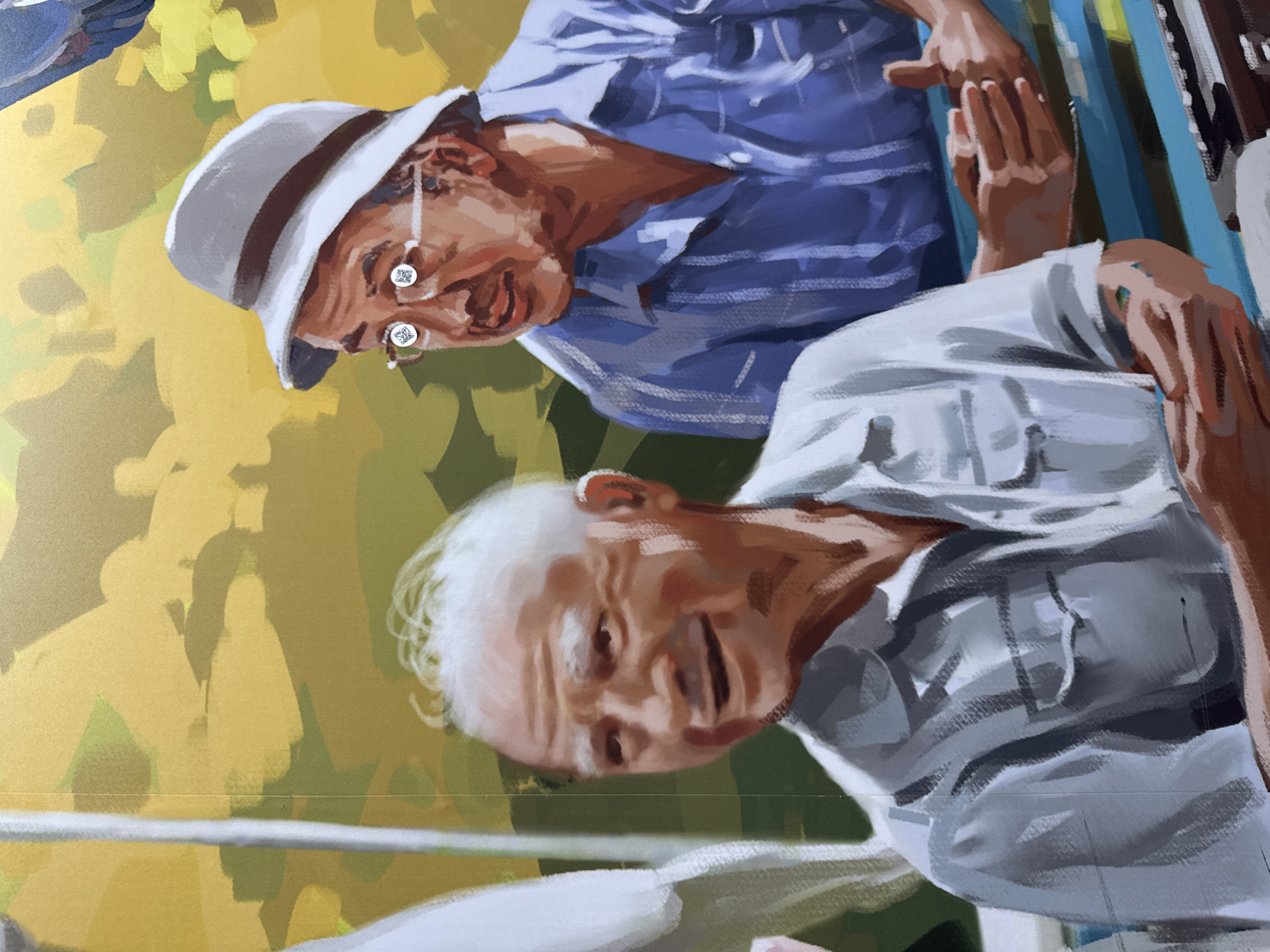 The image is a digital painting of two elderly men. The man on the left is smiling and wearing a light blue collared shirt. The man on the right is wearing a light gray hat with a dark brown band and a blue striped collared shirt. He is wearing glasses with QR codes on the lenses. They are seated on a blue bench outdoors, with a background of abstract yellow and green shapes suggesting foliage. No specific location in Moscow, Russia can be identified from the painting.