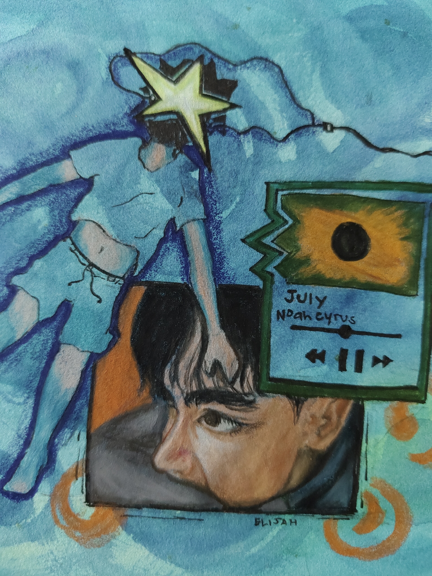 The artwork, originating from Davao City, Philippines, is a vibrant mixed-media piece, likely watercolor and ink, featuring a collage-like composition dominated by blues, teals, and oranges. On the left, a stylized light-blue figure of a person is depicted in motion, reaching upwards towards a prominent, bright yellow star with a black outline. In the lower-center, a more realistically rendered portrait shows the profile of a young man's face with dark hair and light skin, gazing pensively to the right.
To the right, a graphic representation of a music player interface is featured. Its album art displays a yellow sun or sunflower with a black center. Text on the interface identifies the song as "JULY" and the artist as "Noah Cyrus," complete with playback controls and a progress bar. The background is an abstract blend of various blue and teal shades, with swirling orange patterns visible in the lower right, adding to the dreamy atmosphere. The artwork’s blend of illustrative and realistic styles, along with the introspective gaze and the selected song, evokes a reflective or melancholic mood. The artist's signature, "ELIJAH," is inscribed at the bottom center.