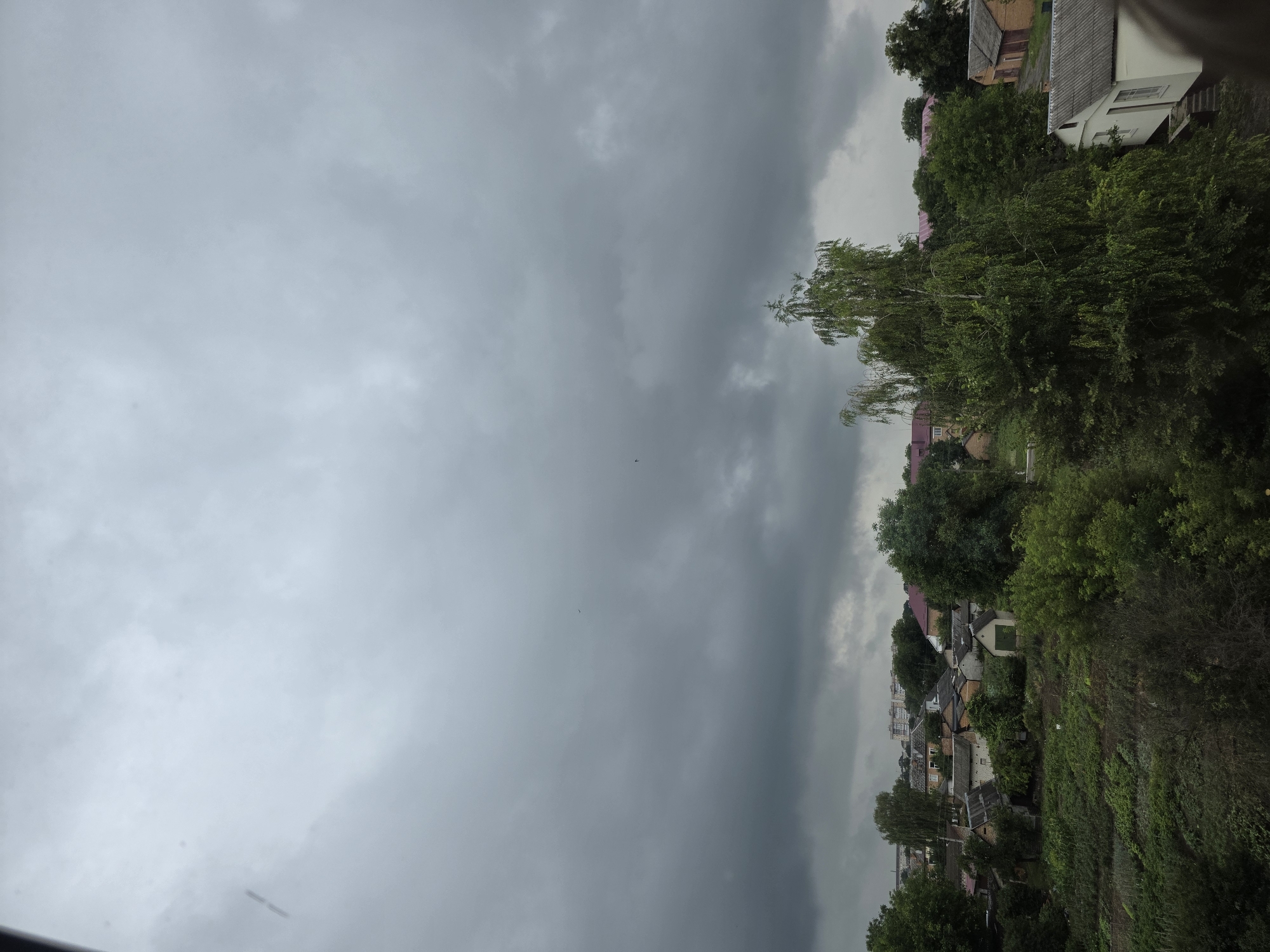 The image depicts a view of a residential area in Dubno, Ukraine, under a heavy, overcast sky. The foreground is dominated by lush green trees and vegetation, suggesting a rural or suburban setting. In the midground, a cluster of houses with red and grey roofs are visible, interspersed with more greenery and some outbuildings. One building in the foreground on the right is white with a grey roof, and a set of stairs leads to its entrance. The background shows more buildings, some of which appear to be multi-story apartment blocks. The sky is filled with dark, ominous clouds, indicating potential rain or stormy weather. A few birds are visible as small dark specks in the sky. The overall atmosphere is somber and overcast.