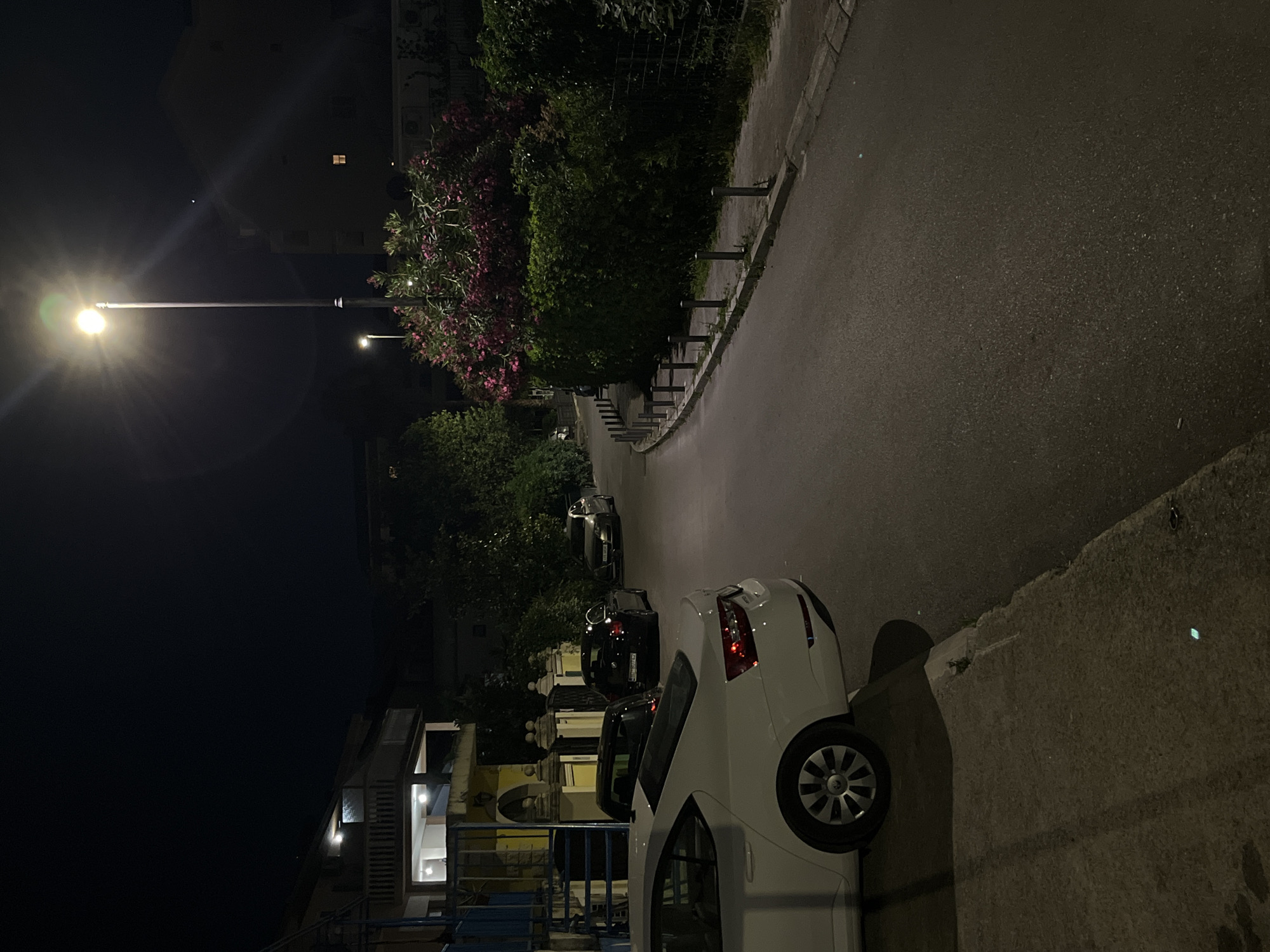 An outdoor, nighttime scene depicts a residential street in Budva, Montenegro. The foreground features the rear of a white sedan parked along a concrete sidewalk. The street curves gently to the right, lined with bollards and a dense hedge with pink flowers. Further down the street, several other cars are parked. Buildings with illuminated windows and balconies are visible on the left side, interspersed with trees. A streetlamp illuminates the scene from the upper right, casting a bright glow and lens flare. The overall impression is a quiet, urban residential environment at night.