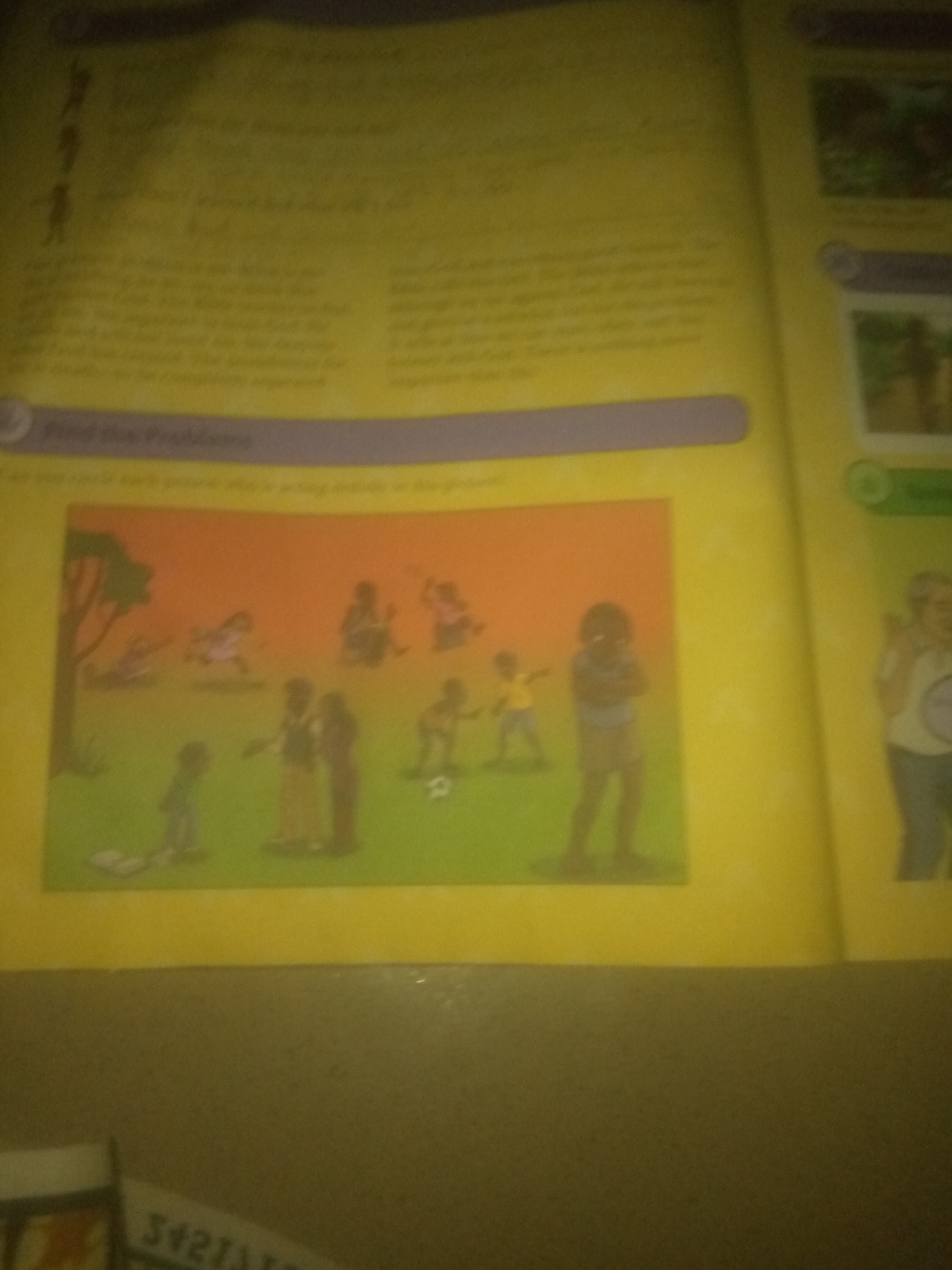 The image shows a page from a book. The page features text and illustrations. A prominent section is a large illustration depicting a group of children and adults in an outdoor setting. The illustration appears to be a scene from a story or a textbook. Some figures are engaged in activities like playing with a ball, while others are standing or interacting. The background of the illustration shows a grassy field with a tree. There are also smaller illustrations and text blocks on the page. The overall color scheme is yellow and green. The book page itself appears to be part of a larger publication, and the context of Jalingo, Nigeria, is not evident from the visual information provided.