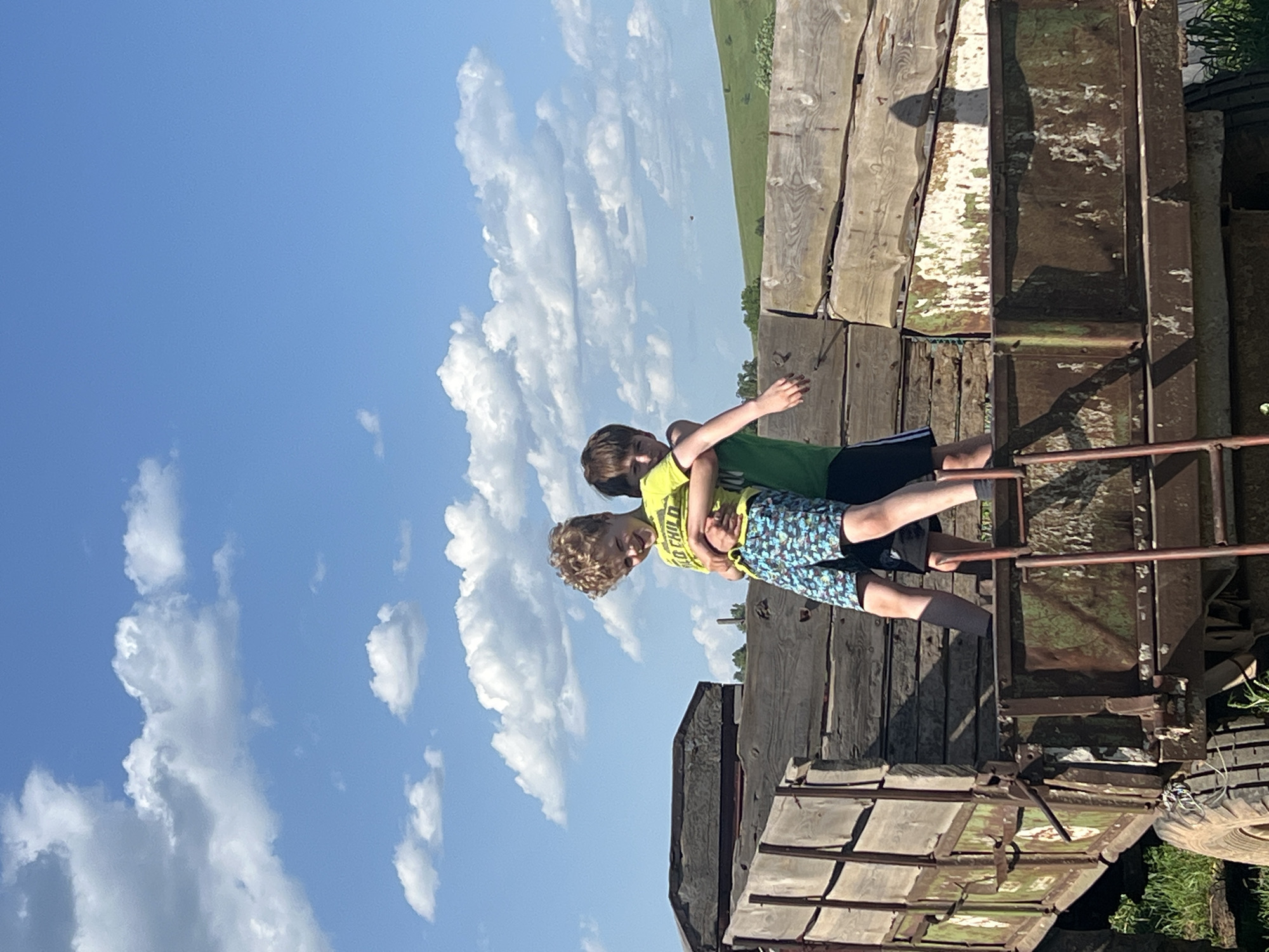 Two children are interacting on top of a weathered, green and brown farm wagon or trailer. One child wears a yellow shirt with lettering and colorful patterned shorts, while the other wears a green shirt and dark shorts. They appear to be hugging or play-fighting. The wagon/trailer has rusted metal and weathered wood components, with a tire visible on one side. Behind the wagon, there is a green field and a blue sky with scattered white clouds. The location is not known to be in Panteleevka, Russia.