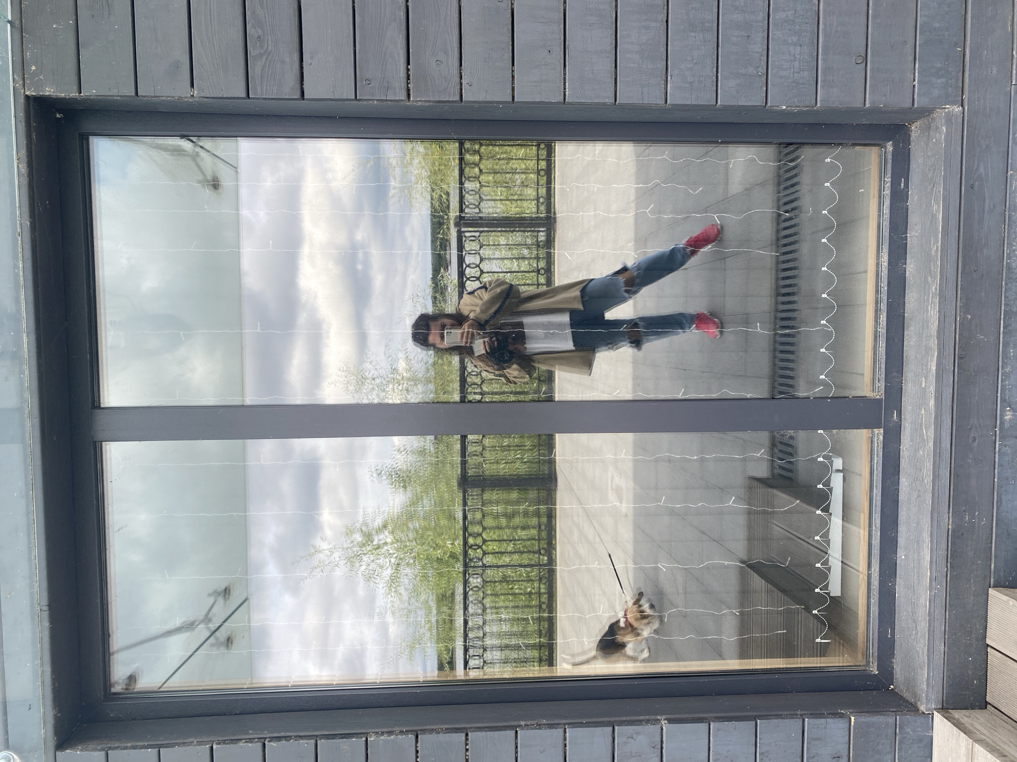 The image depicts a large window reflecting a person taking a selfie with a phone. The person is wearing ripped jeans and pink shoes. To the left of the reflection, a beagle dog on a leash is visible on the paved area outside the window. The background reflection shows a body of water, a decorative fence, and trees under a cloudy sky. The window is framed by dark wooden siding. The scene appears to be outdoors in a location that could be a park or waterfront area, possibly on a terrace or balcony. The city of Perm, Russia is not explicitly identifiable in the image itself, but can be inferred based on the user's prompt.