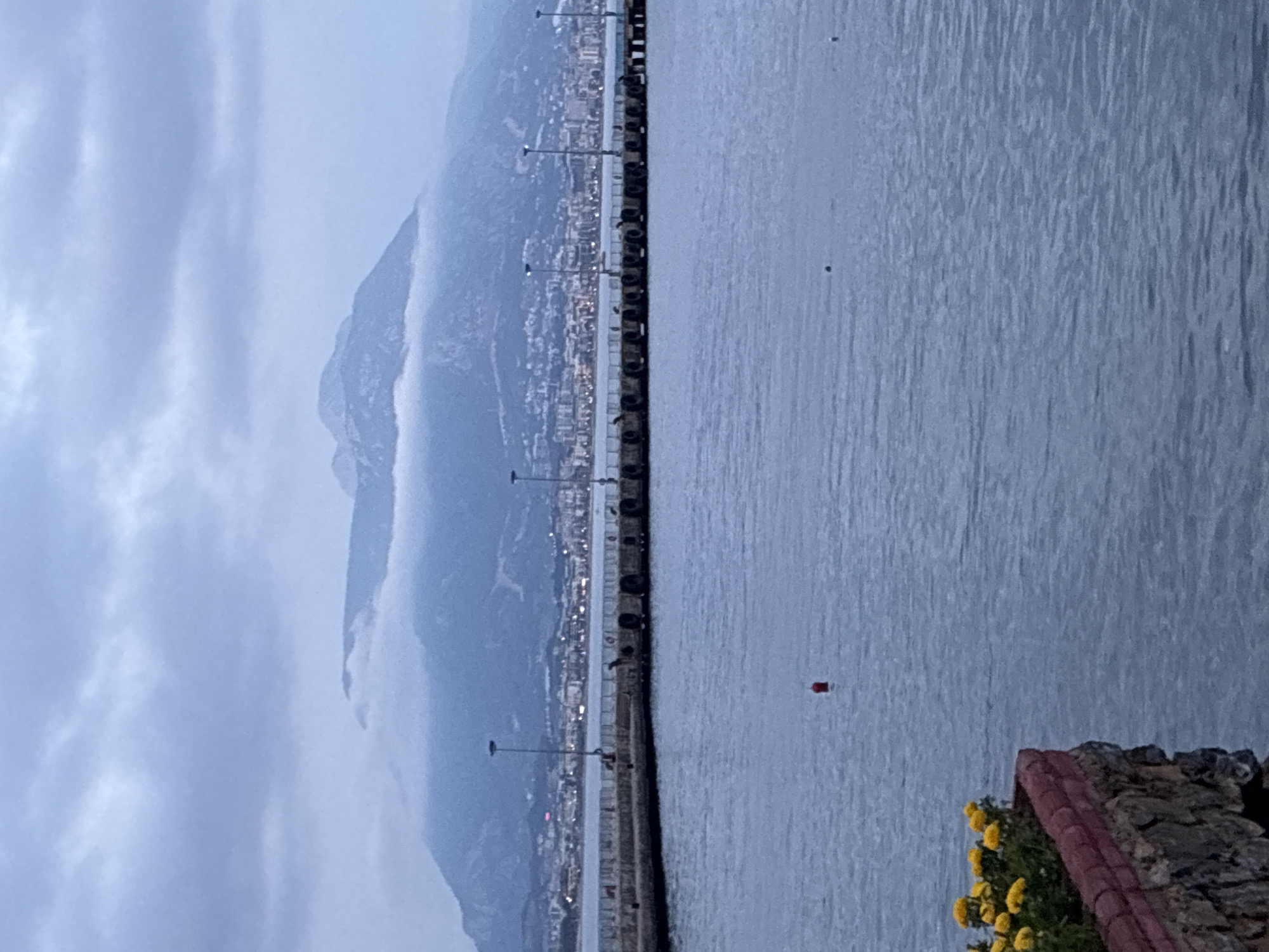 This image captures a serene coastal landscape at dusk or early night, likely in Alanya, Turkey. The lower half of the frame is dominated by the calm, grey-blue water of the sea, showing gentle ripples on its surface. A small red buoy floats in the water towards the right side. In the bottom right corner, a section of a stone wall with red-tiled coping is visible, adorned with vibrant yellow flowers, suggesting a nearby garden or waterfront landscaping.
A long, dark pier or breakwater stretches horizontally across the middle of the image, serving as a boundary between the open water and the distant coastline. Streetlights along the pier cast soft glows, which are faintly reflected on the water's surface. Beyond the pier, a city or town extends along the base of large mountains. Numerous buildings are visible, with scattered lights illuminating the urban area as darkness falls. The towering mountains in the background rise steeply, their peaks partially obscured by low-hanging clouds or mist, creating a soft, atmospheric backdrop. The sky above is overcast with muted grey tones.
The scene conveys a peaceful and tranquil atmosphere, characterized by the soft, diffused light of twilight and the harmonious blend of natural and urban elements. No individuals or specific activities are discernible, and there is no visible text in the image.