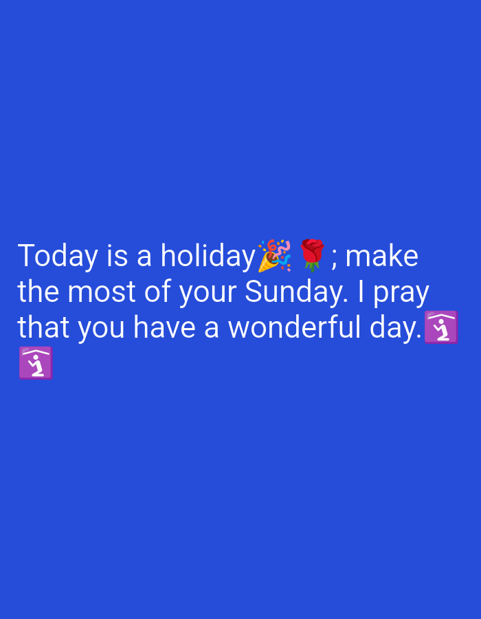 The image is a digital graphic with a solid blue background. White text is superimposed on the background, reading: "Today is a holiday ππΉ; make the most of your Sunday. I pray that you have a wonderful day. π§ββοΈ". There are two emojis integrated into the text: a party popper and a rose after "holiday," and a person meditating or doing yoga after "day." The overall presentation suggests a greeting or well wishes for a holiday that falls on a Sunday. There is no discernible location in Dhamardih, India.