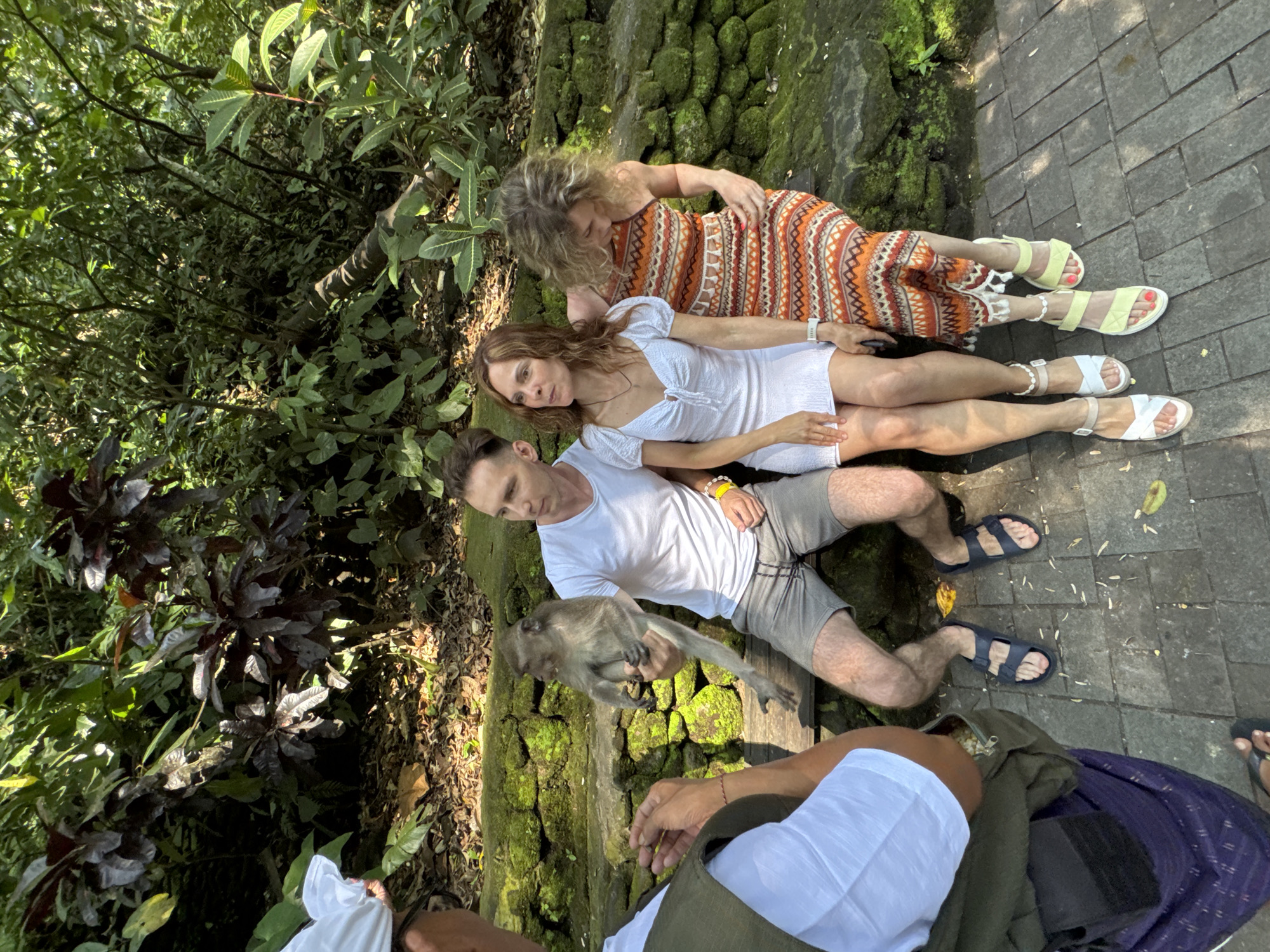 In an outdoor, sun-dappled environment with lush green foliage and moss-covered stone walls, a man in a white t-shirt and grey shorts holds a small monkey on his left arm. He is seated on a wooden bench with two women. The woman to his right wears a short white dress and white sandals. The woman to her right wears an orange, white, and brown patterned halter dress and light yellow sandals. A person in the foreground, wearing a white shirt and a green vest, is facing the group and appears to be interacting with them. The scene is indicative of a tourist attraction, possibly in the Monkey Forest Sanctuary in Ubud, Indonesia, where such interactions are common. The ground is paved with stone tiles.