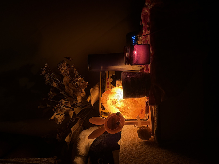 The image captures a dimly lit, intimate scene featuring an assortment of objects, likely set in a personal space such as a bedroom, during the late hours of the night. The dominant light sources are warm and soft, creating a cozy atmosphere.
On the left side of the frame, a bouquet of dried flowers or foliage, colored in various shades of brown and beige, stands prominently. Below these flowers, a light-colored, fluffy texture is visible, possibly a blanket or a stuffed animal. Resting on this texture is a small, orange-pink object resembling a bunny, with a textured, circular face that suggests it might be a toy or a decorative item.
In the center, a bright, glowing Himalayan salt lamp illuminates the immediate surroundings with a warm, orange-yellow light, highlighting its rough, crystalline surface. Behind the salt lamp, a rectangular item with the word "PEANUTS" printed in red on a yellow background is visible, suggesting a package or a box. A tall, dark, cylindrical container stands behind the salt lamp and the "Peanuts" item. To the right of the salt lamp, a dark glass container with an intricate, subtle pattern catches some of the ambient light.
On the right side, a glass jar holds a lit candle, which emits a soft, purple-pink glow. The candle's flame is clearly visible. Above this candle, a small, black digital alarm clock displays the time "1:45" in bright blue digits. A thin cable is connected to the clock, possibly for charging. Below the candle, a small, textured, yellowish, spherical object, resembling a mini loofah or a decorative bauble, hangs down.
The surface upon which these items rest appears to be a light-colored, textured fabric, possibly a carpet, rug, or a thick blanket. The background of the image is largely dark and indistinct, emphasizing the illuminated objects and reinforcing the late-night setting indicated by the digital clock. The overall impression is one of quietude and warmth.