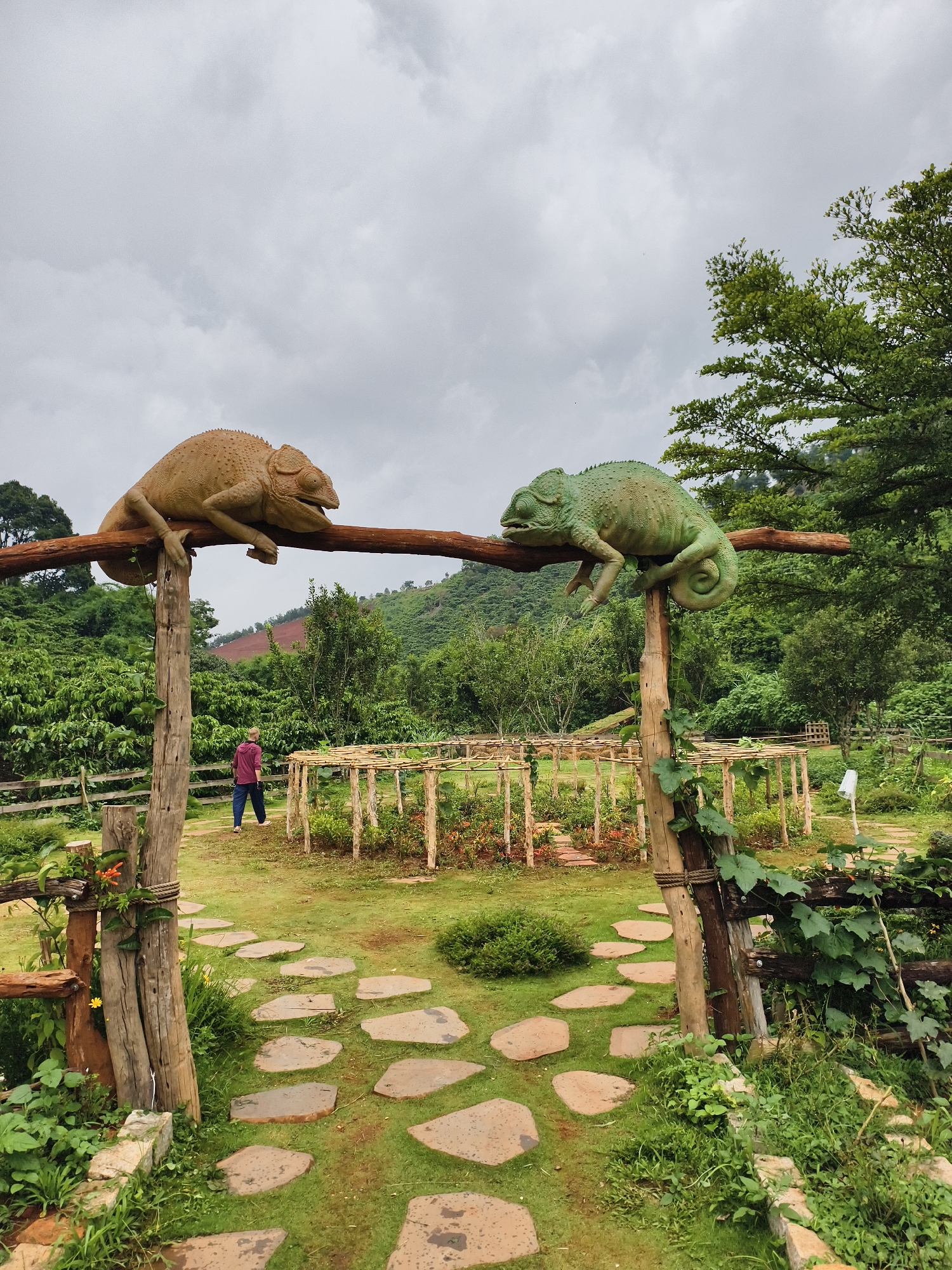 The image depicts an outdoor scene in Thôn 1, Vietnam. In the foreground is a wooden gate structure with two large chameleon sculptures perched on a branch spanning the top. The chameleon on the left is a light brown color, while the one on the right is green. The gate posts are decorated with vines. Beyond the gate, a stone-paved pathway meanders through a grassy area containing a garden with low wooden trellises. A person wearing a red shirt and dark pants is walking in the garden. The background shows a landscape of rolling hills and lush green vegetation under an overcast sky. A wooden fence runs along the periphery of the garden area.