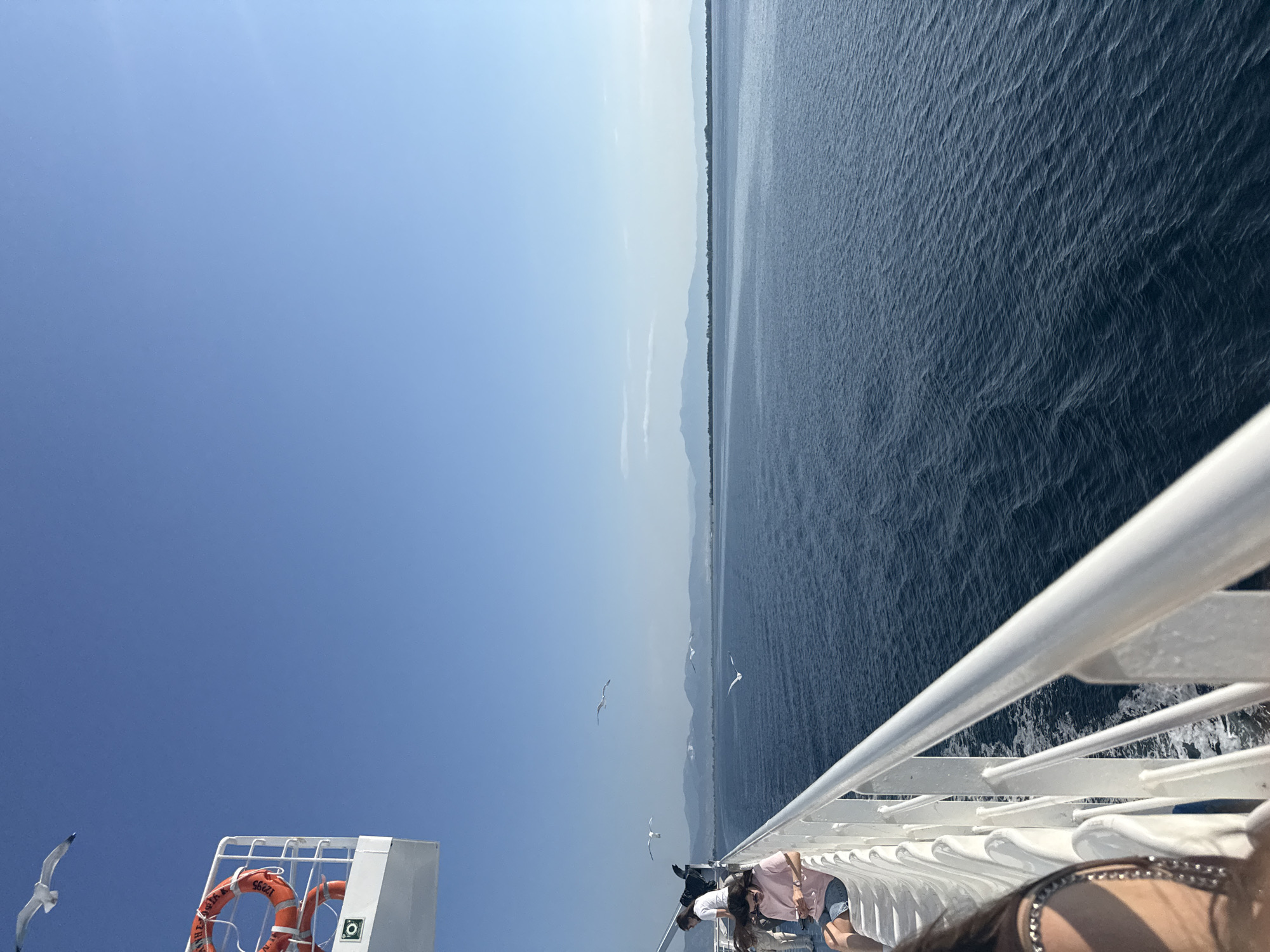 The image captures a view from the deck of a ferry sailing on the Aegean Sea, likely near the coast of Thassos, Greece, given the mountainous coastline visible in the distance. The sky is a clear, bright blue with no clouds. The sea is a deep blue, with gentle waves creating a rippled texture.
In the foreground, the white railing of the ferry runs along the edge of the deck. A few passengers are visible, seated on white benches. One woman in a pink t-shirt and denim shorts is looking at her phone. Another person, partially visible on the left, has a silver-chained strap across their shoulder.
On the upper left of the image, a portion of the ferry's deck structure is visible, painted white. Attached to this structure are two bright orange life preservers. A seagull is in flight in the upper left corner of the frame, and several other seagulls are scattered across the sky above the water.
The background features a distant, hazy mountainous coastline, with some areas appearing to have snow on the peaks. The overall scene suggests a bright, sunny day at sea.
