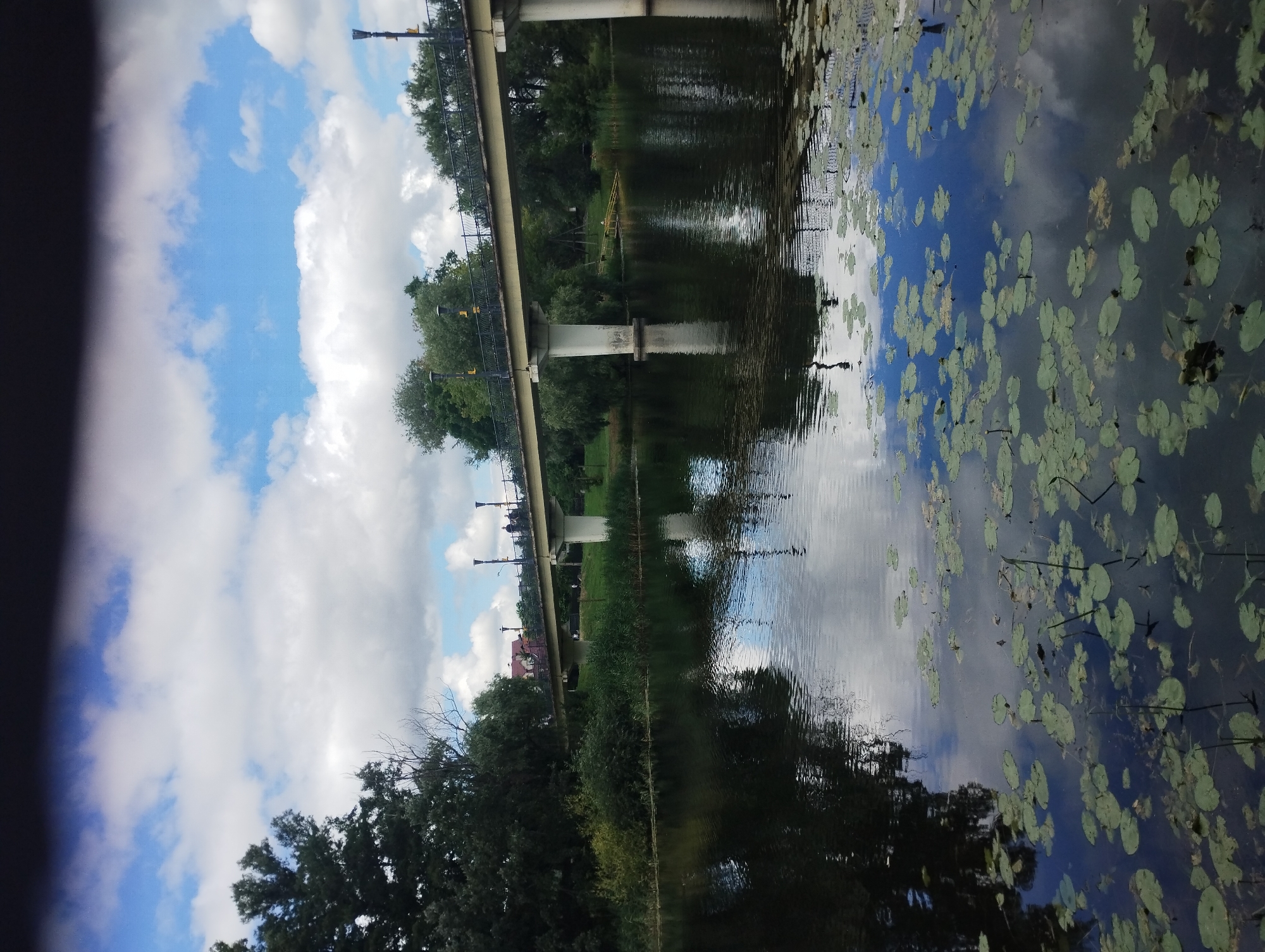The image depicts a pedestrian bridge spanning a body of water with lily pads on its surface. The bridge, painted yellow, rests on two concrete pillars and is flanked by railings with decorative posts topped with lights. Several people are visible walking or standing on the bridge. The water reflects the sky, which is a mixture of blue with scattered white clouds. Lush green trees and foliage line the banks of the water, with some buildings visible behind the trees on the far bank. In the foreground, numerous lily pads float on the dark water, some with stems reaching upwards. This scene is characteristic of the pedestrian bridge over the Psel River in the city of Sumy, Ukraine, often a popular spot for recreation and scenic views.