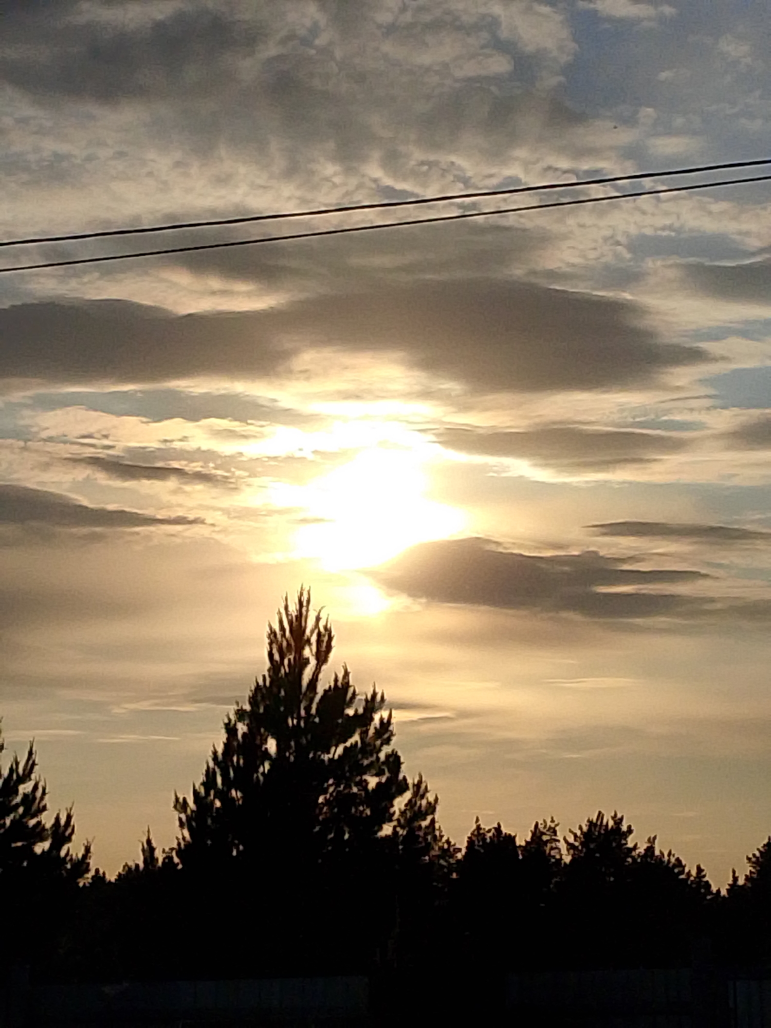 The image captures a sunset in Прикамский, Russia. The sun is positioned in the center of the frame, partially obscured by clouds, creating a radiant glow. Silhouetted trees line the horizon, providing a dark contrast against the bright sky. Two power lines stretch across the upper portion of the image. The lower portion of the image includes a fence line.