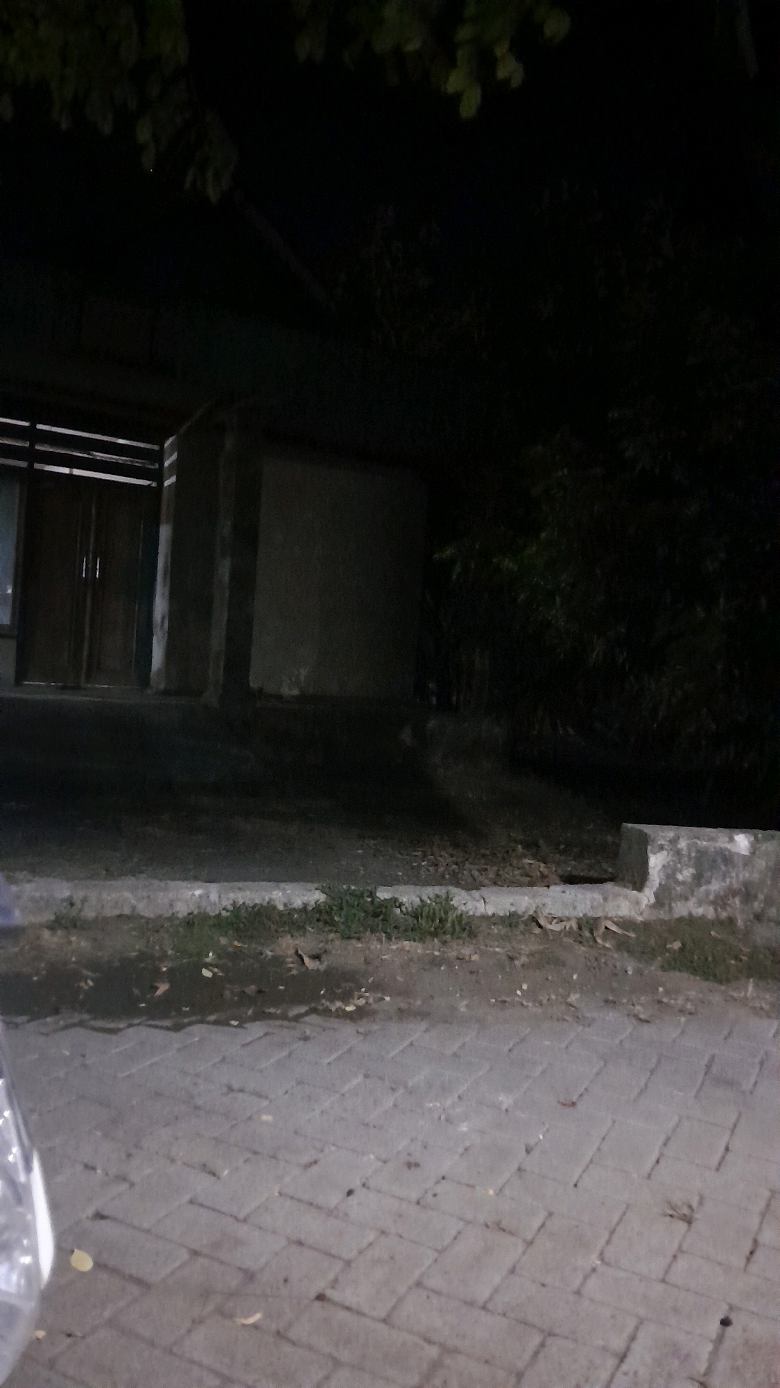 This is a nighttime photograph taken from a low angle on a paved walkway in Sumberarum, Indonesia. In the background, a building with double doors and horizontal window panes is visible, partially obscured by shadows. To the right of the building, dense foliage forms a dark backdrop. A concrete curb with sparse vegetation runs along the edge of the walkway. The paved surface in the foreground is made of interlocking rectangular stones, with a few scattered leaves. The overall lighting suggests artificial illumination is limited, casting long shadows and creating a dimly lit environment.