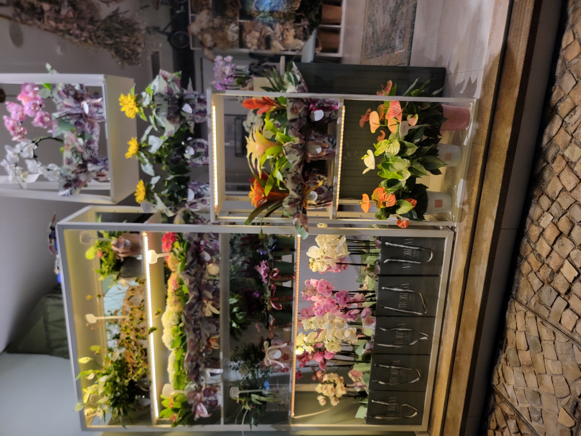 The image shows a flower shop display at night, likely in Quarteira, Portugal, given the context. The display features several shelves filled with various potted plants and floral arrangements. The shelves are illuminated by artificial light, creating a warm glow.
The top shelves contain a variety of plants, including what appear to be orchids and other flowering plants in decorative wrapping. Some of these are suspended or placed in white shelving units. Further down, there are more potted plants, some with bright yellow flowers and others with pink and white blooms.
The lower shelves showcase a collection of orchid plants in shades of pink and yellow, arranged in dark grey gift bags with white handles. To the right, a separate display holds bromeliads with vibrant orange and yellow bracts, and on the bottom shelf, there are several potted anthurium plants with pink and orange spathes.
The shop front is visible, with cobblestone pavement in the foreground. The overall impression is of a well-stocked and attractively arranged flower shop, presented as a display to passersby.